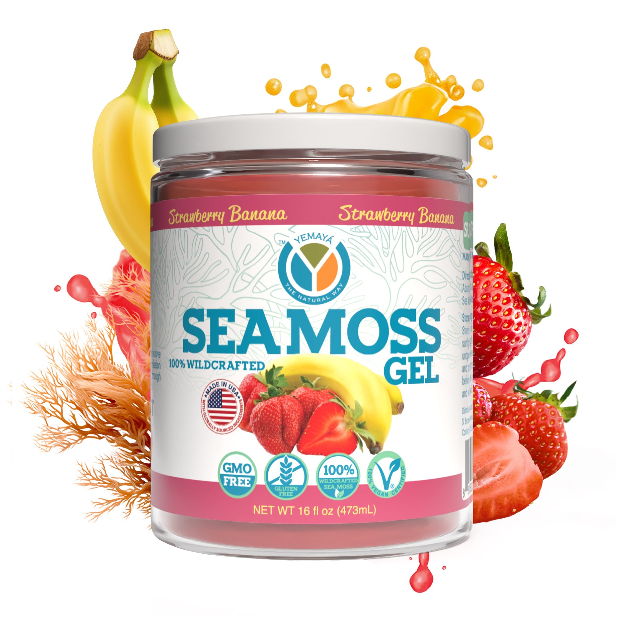 Seamoss gel container with strawberry and banana flavor on a colorful background
