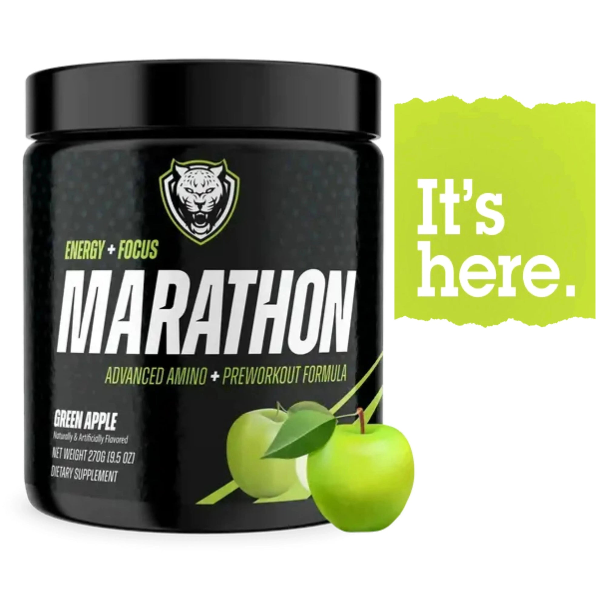Black supplement container labeled 'Marathon' with green apple graphics on a white background.