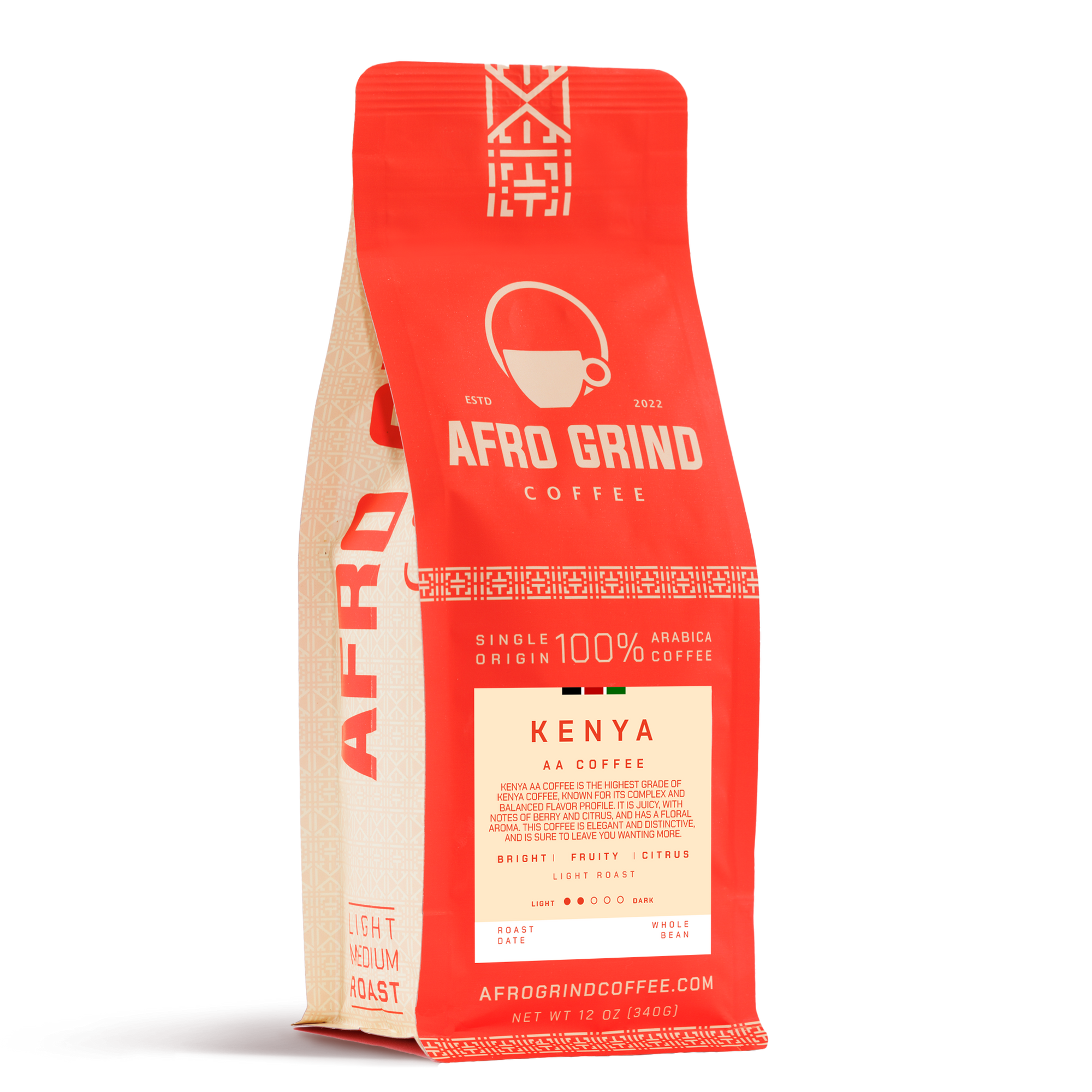 Red and beige coffee bag labeled 'Afro Grind Coffee' on a white background