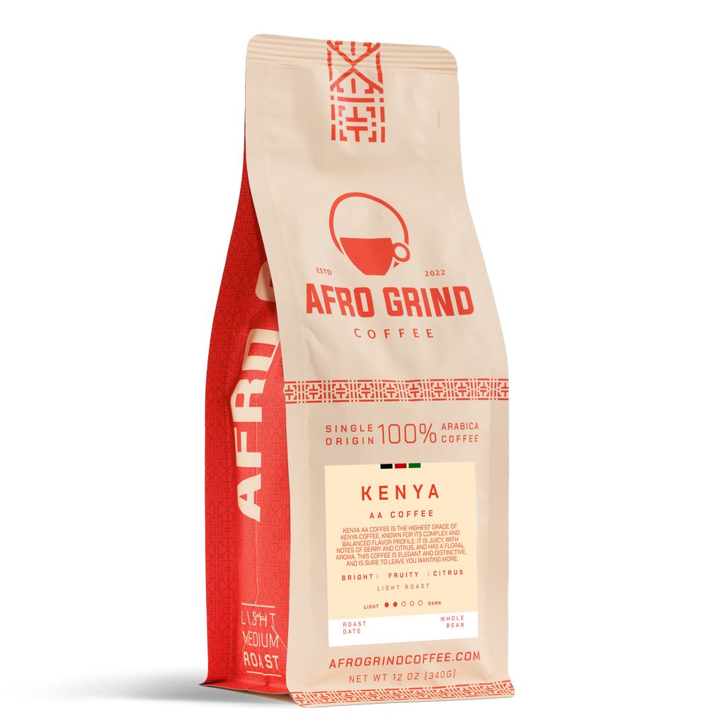 Red and beige coffee bag with 'Afro Grind Coffee' branding on a white background