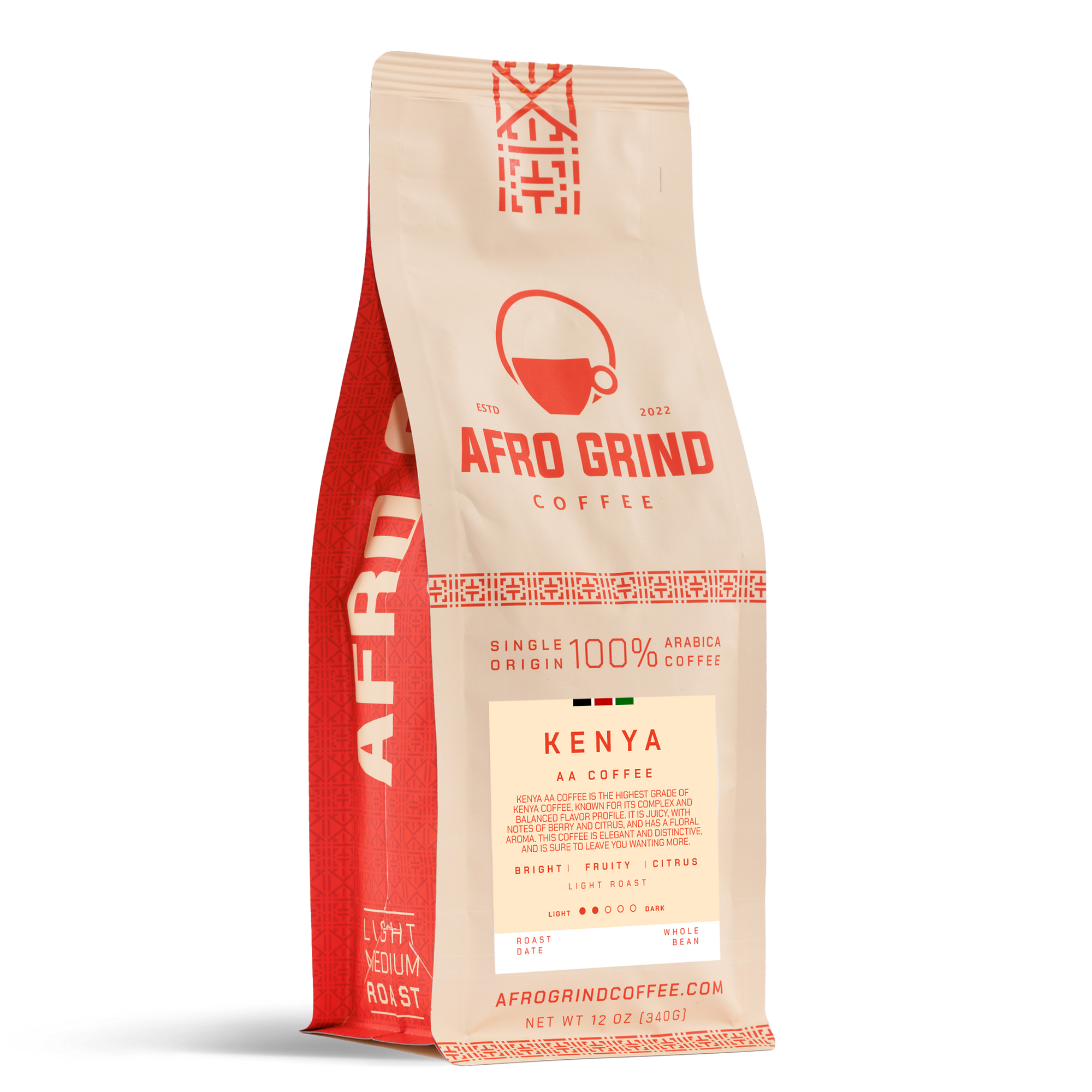 Red and beige coffee bag with 'Afro Grind Coffee' branding on a white background