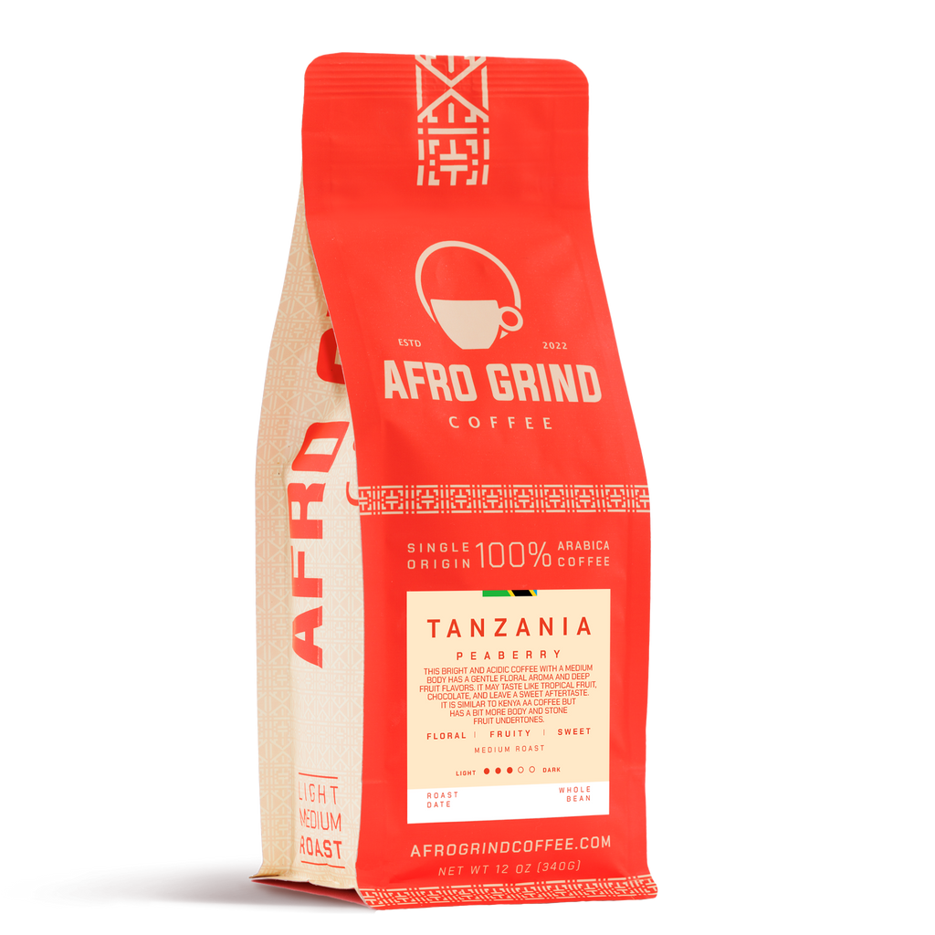 Afro Grind coffee bag with red and beige design on a white background