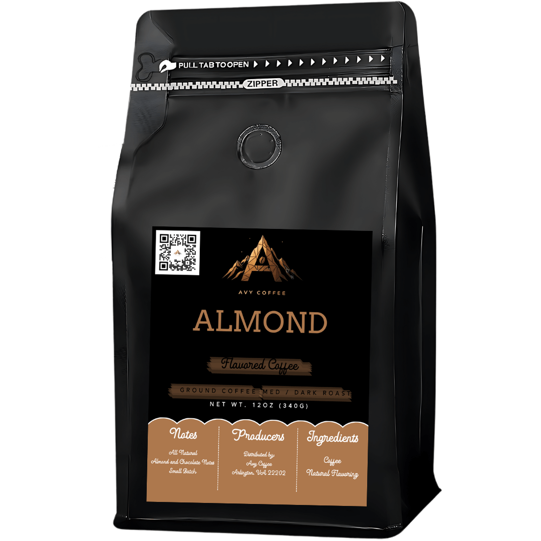 Black coffee bag with almond flavor on a white background
