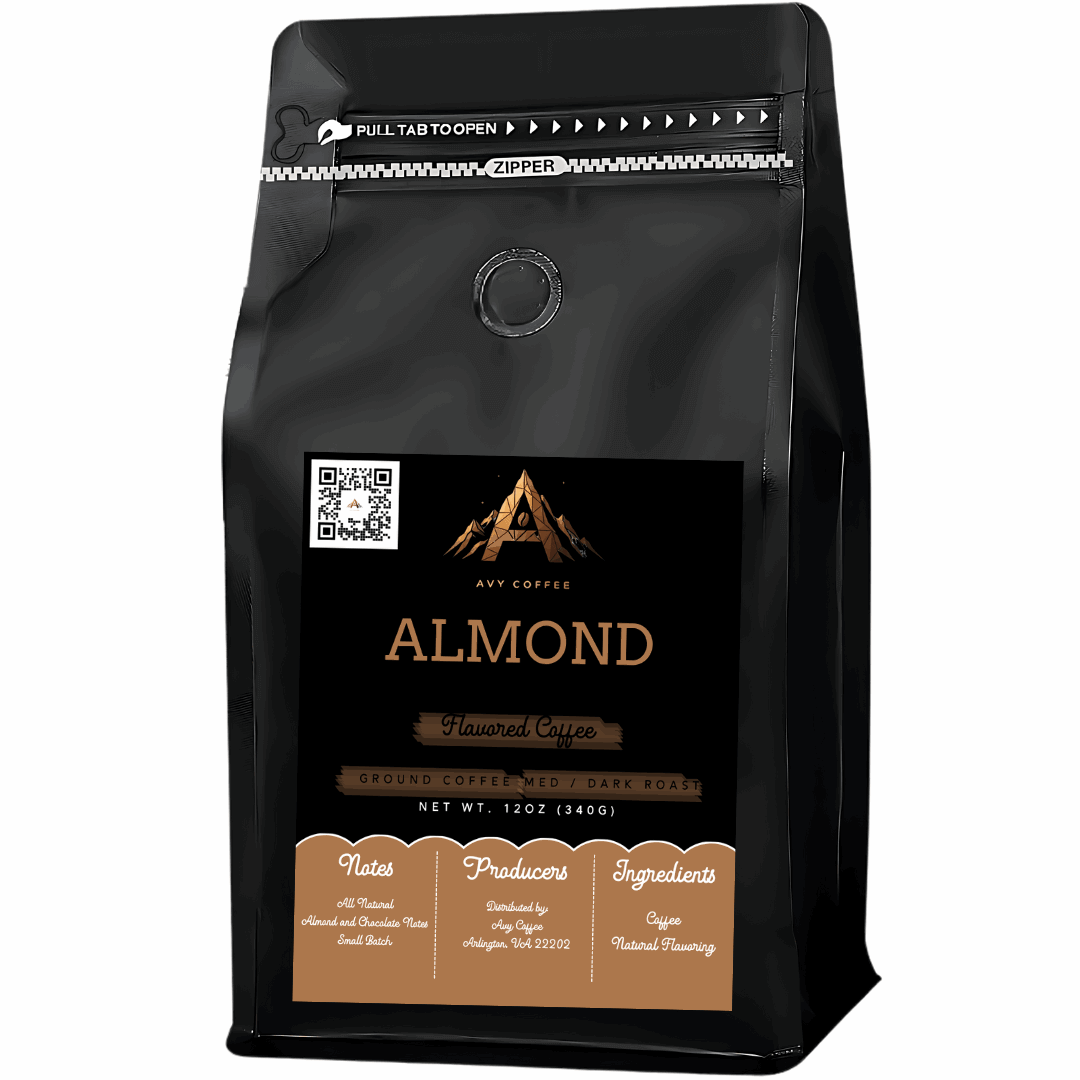 Black coffee bag with 'Almond' flavor label on a white background