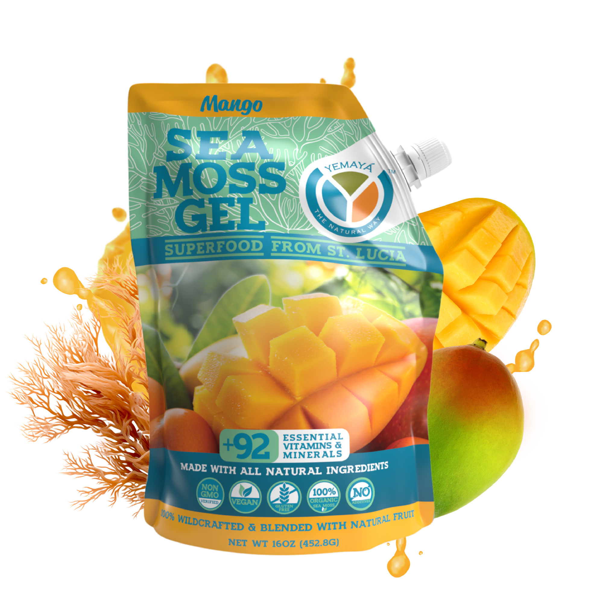 Sea moss gel pouch with mango flavor on a white background