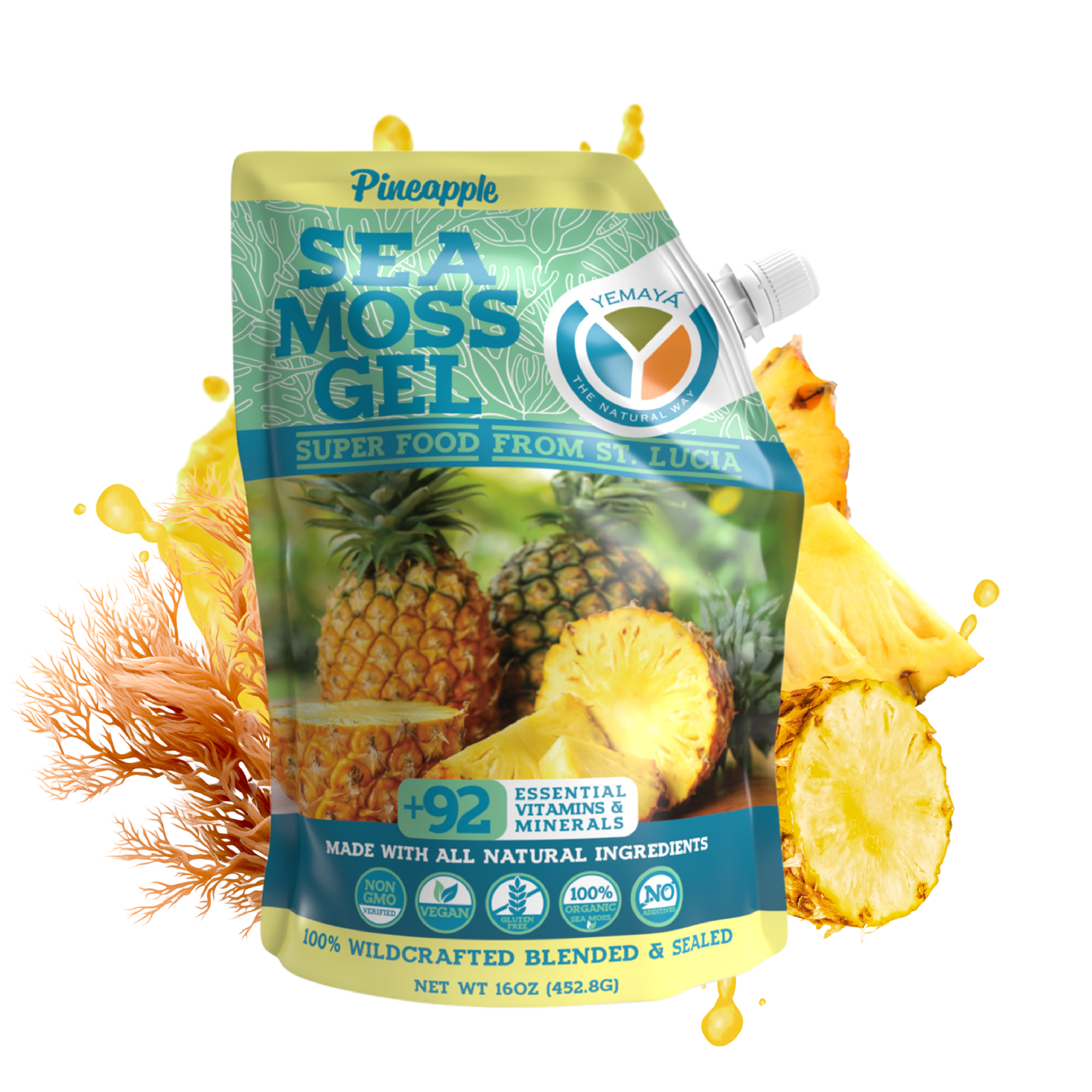 Sea moss gel package with pineapple flavor on a white background