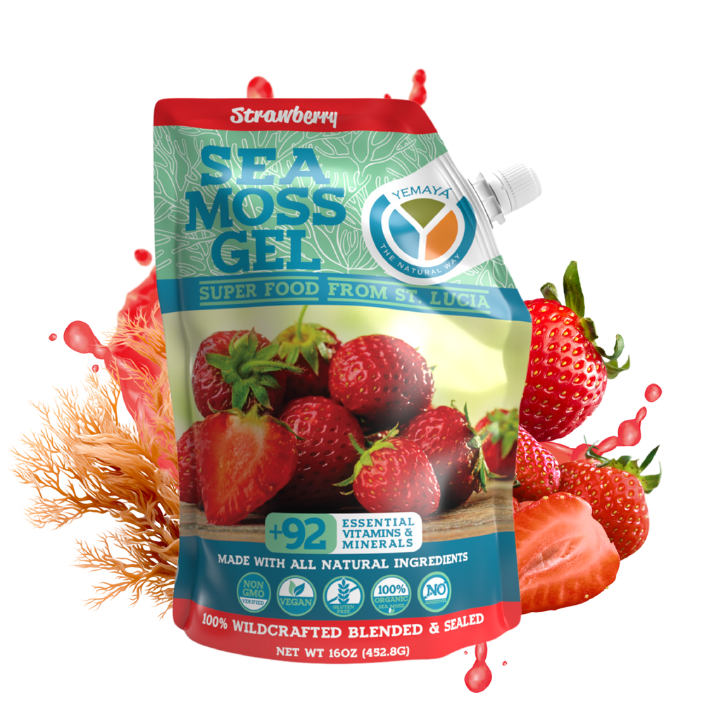 Sea moss gel package with strawberry flavor on a white background