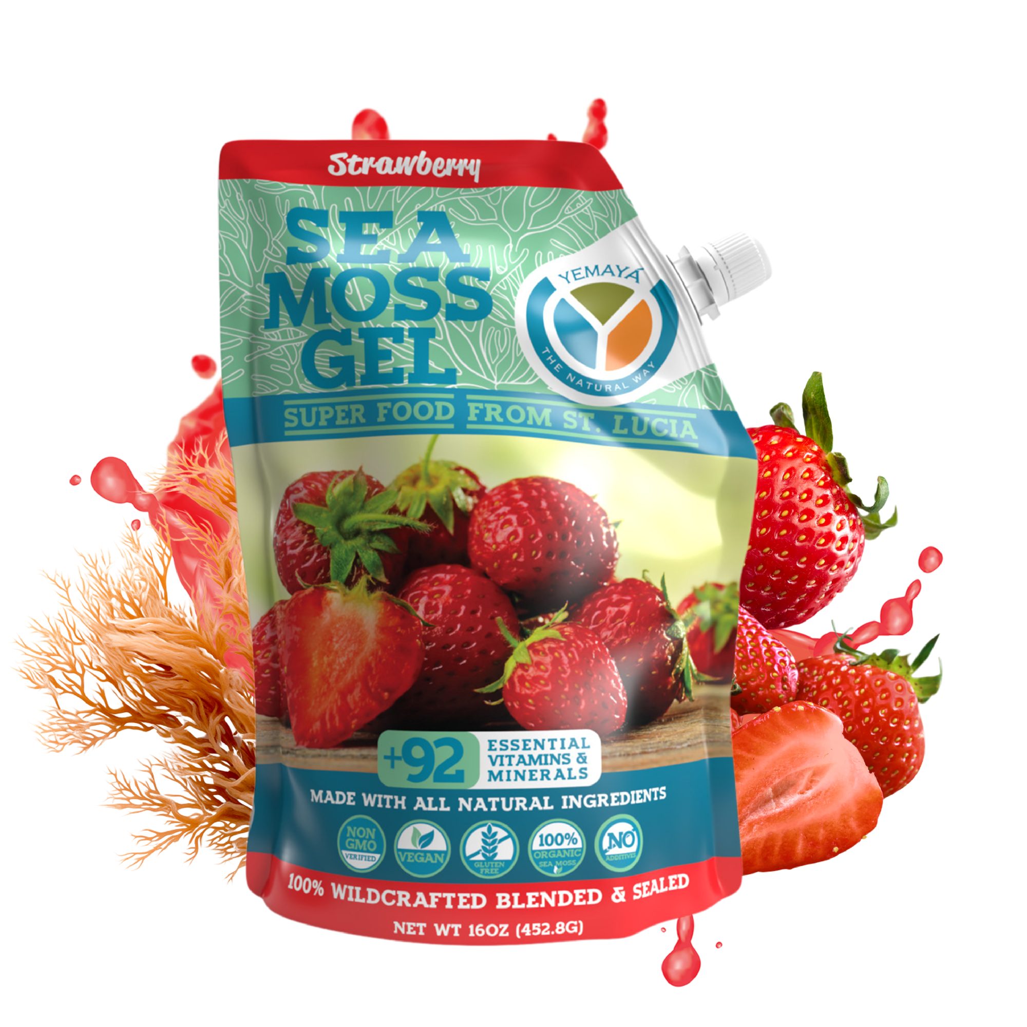 Sea moss gel package with strawberry flavor on a white background