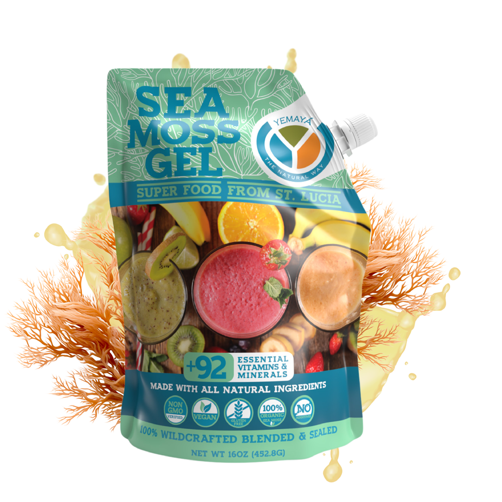 Sea moss gel package with colorful graphics and text on a white background