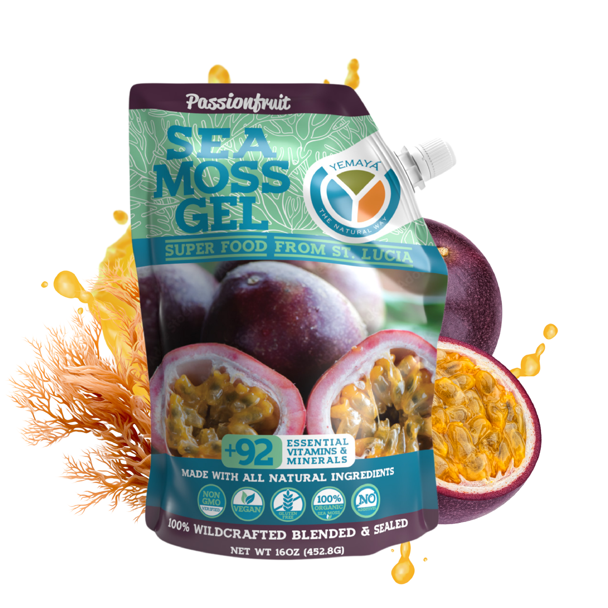 Passionfruit sea moss gel packaging with passionfruit and sea moss on a white background