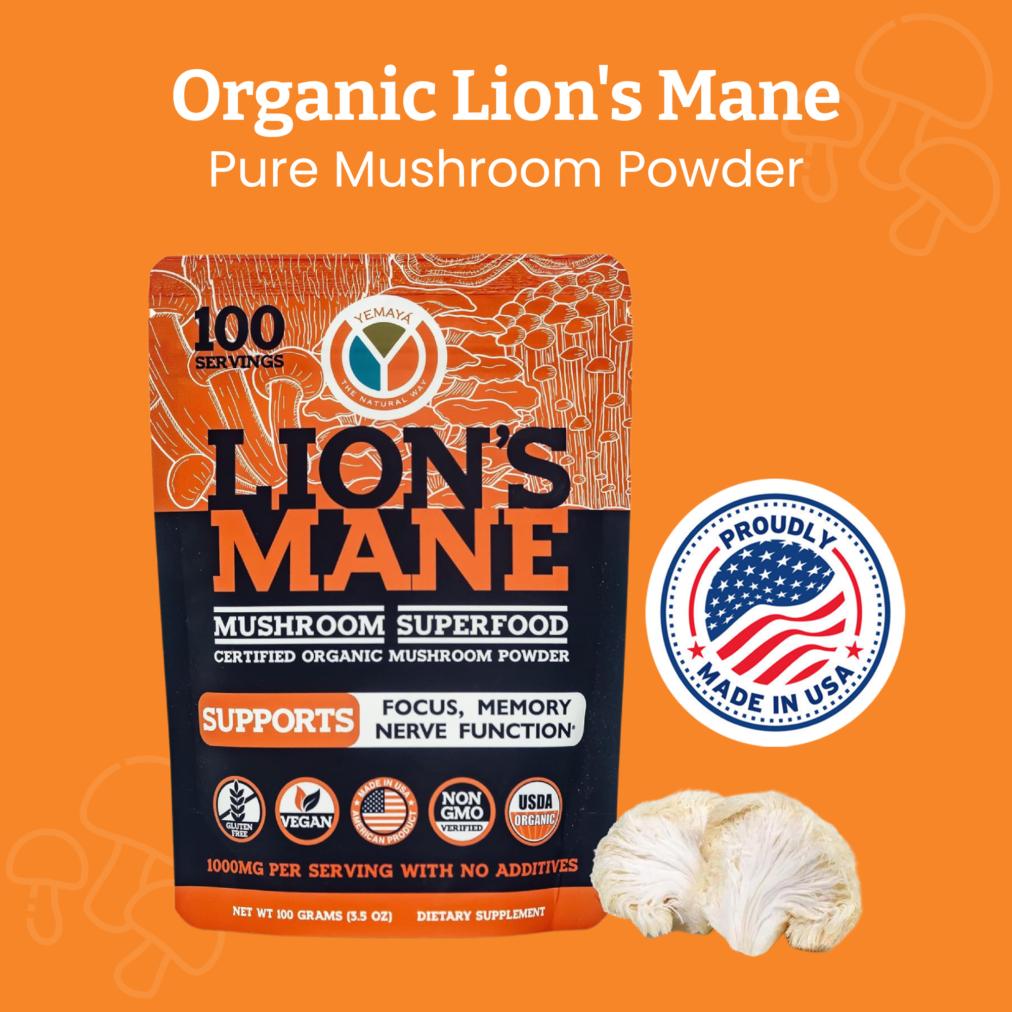 Bag of Lion's Mane mushroom powder with branding and product details on an orange background