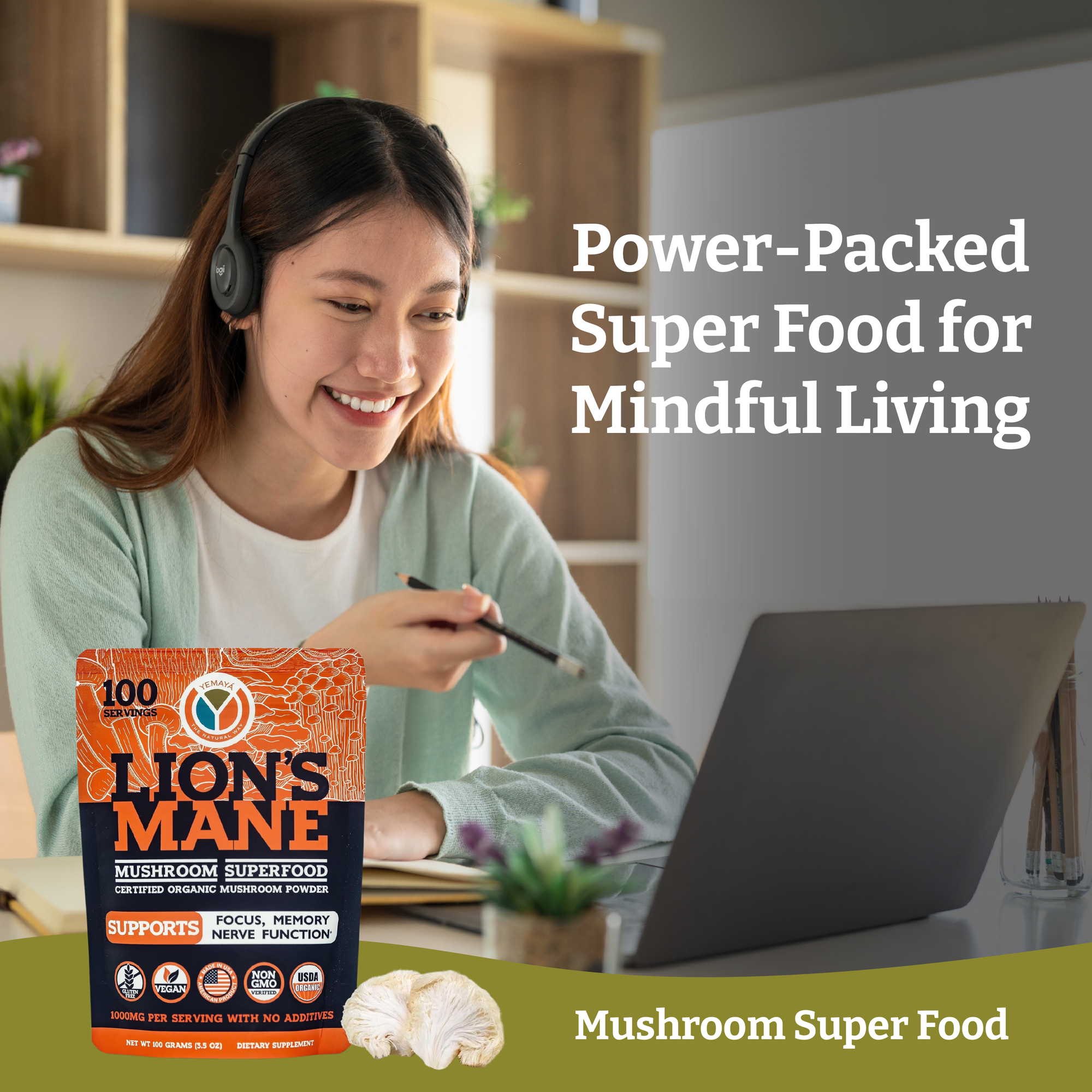 Woman using a laptop with a Lion's Mane mushroom superfood package on a desk.
