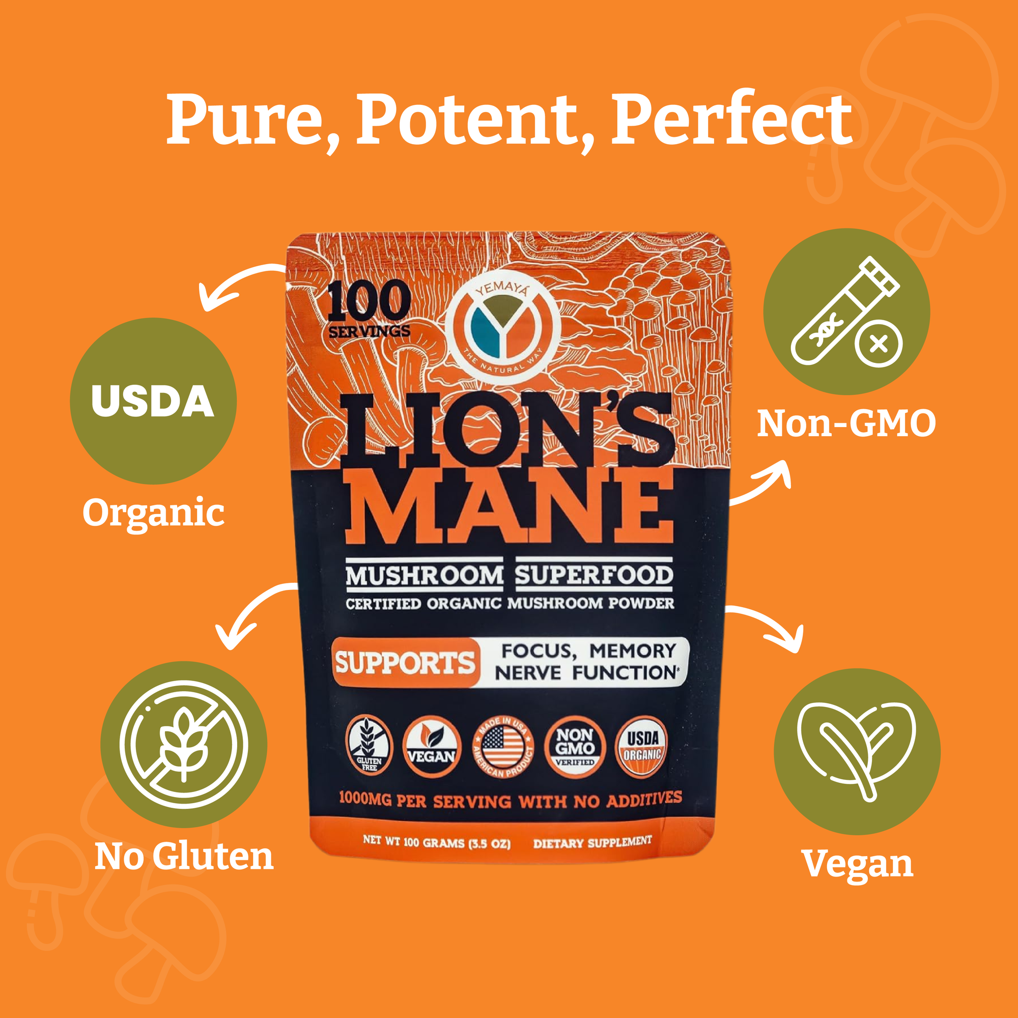 Lion's Mane mushroom superfood package with certification icons on an orange background