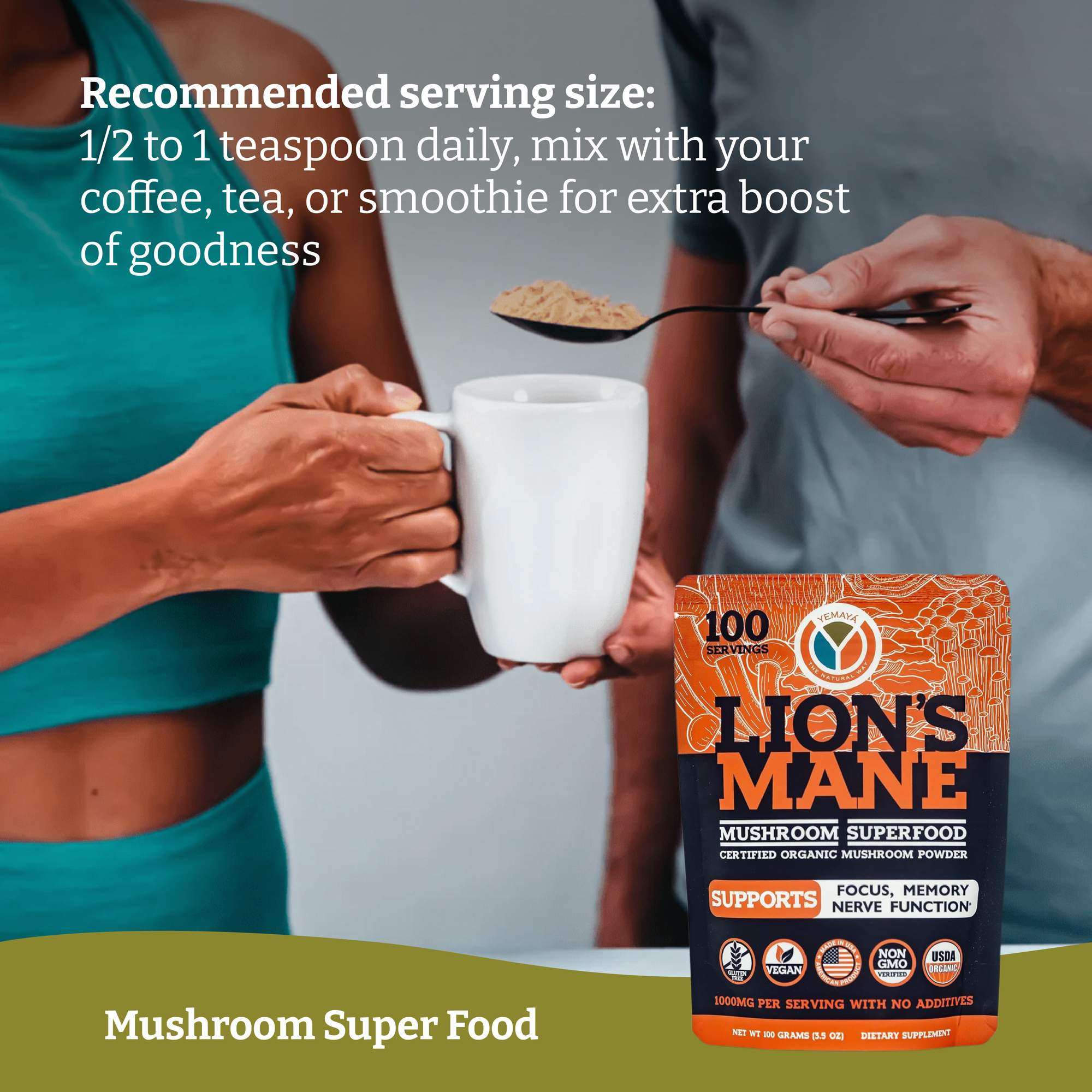 Person holding a spoon with mushroom powder over a cup, next to a package of Lion's Mane mushroom superfood.
