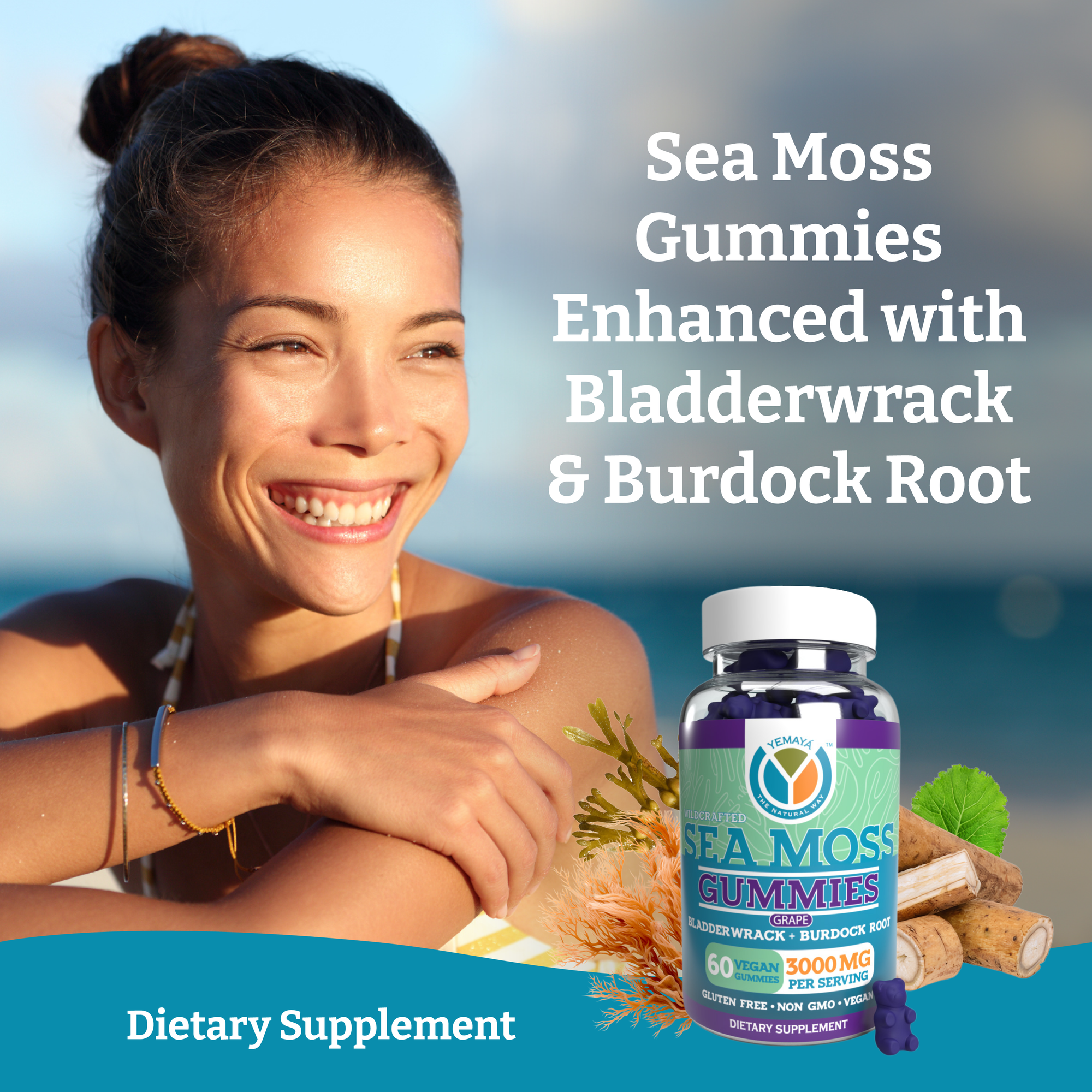 Woman with a bottle of Sea Moss Gummies on a beach background