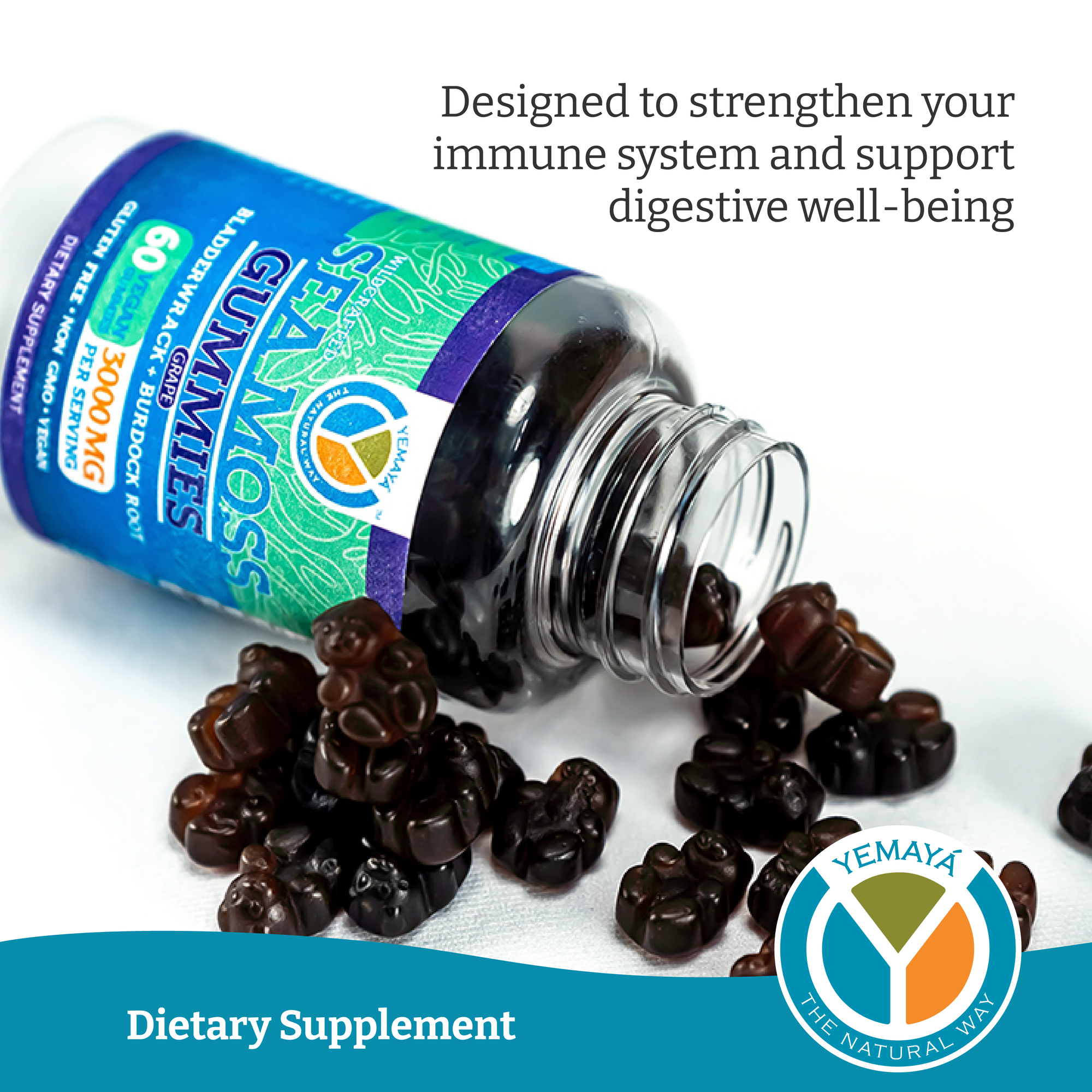 Yemaya dietary supplement bottle with dark berries on a white background