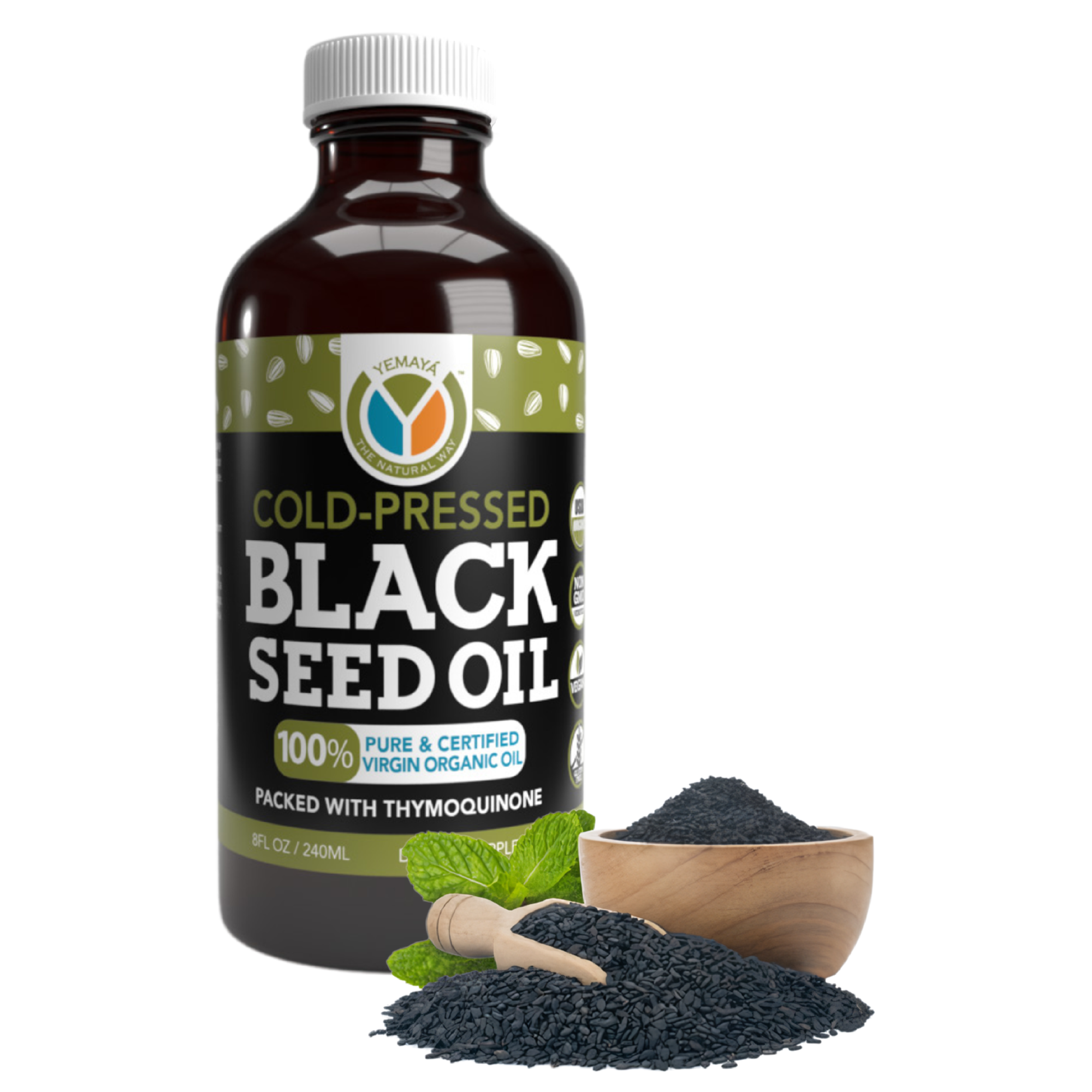 Bottle of black seed oil with a wooden scoop and seeds on a white background
