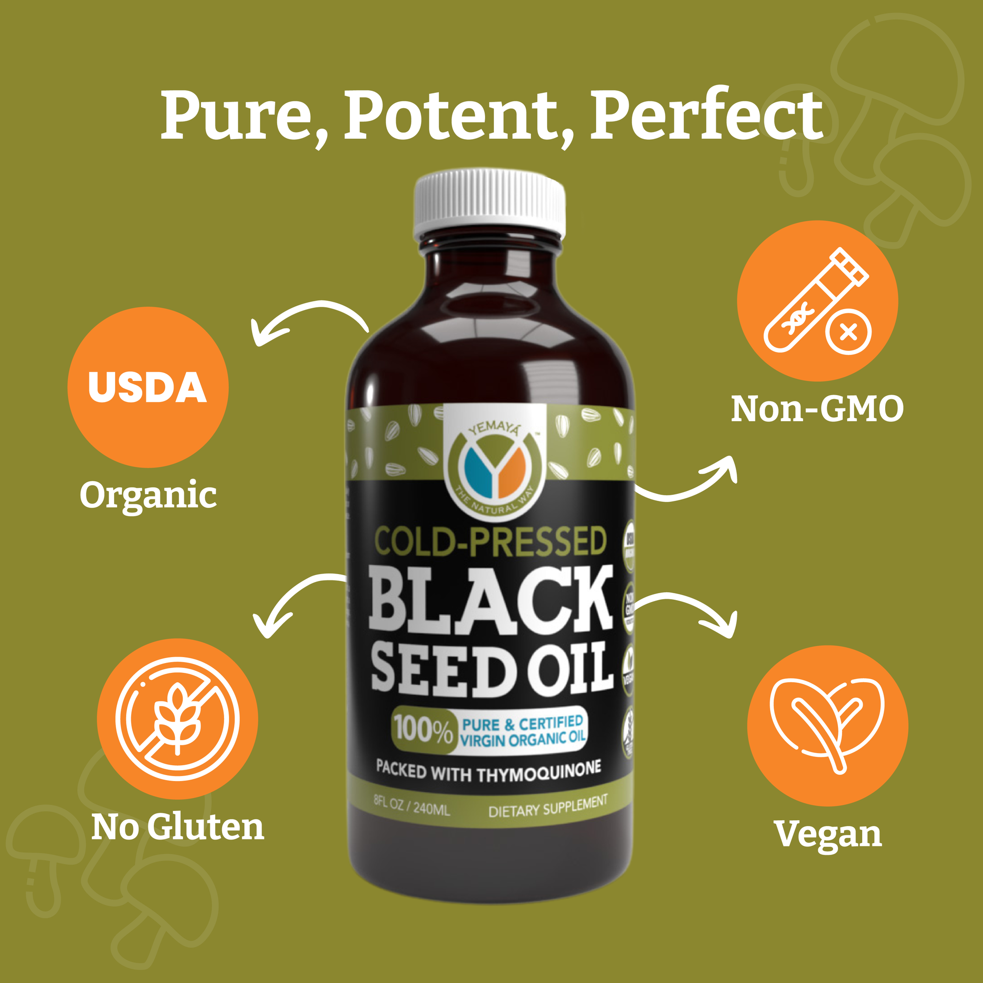 Bottle of black seed oil with certification icons on a green background