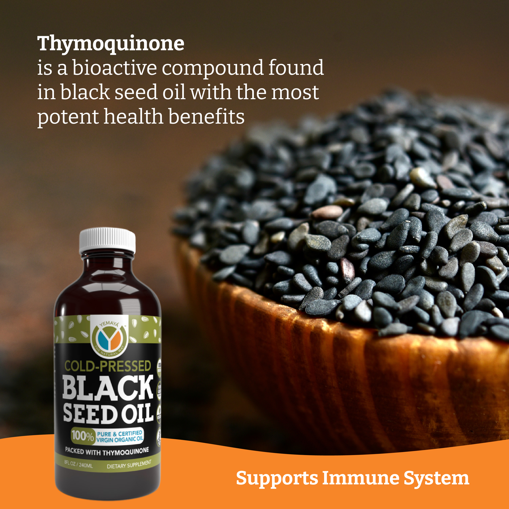 Black seed oil bottle with text about thymoquinone and health benefits on a wooden bowl of black seeds.