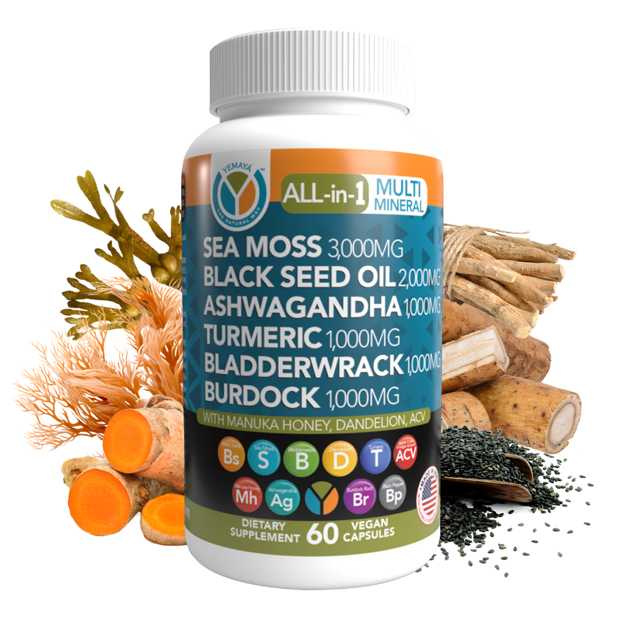 Supplement bottle with natural ingredients on a white background