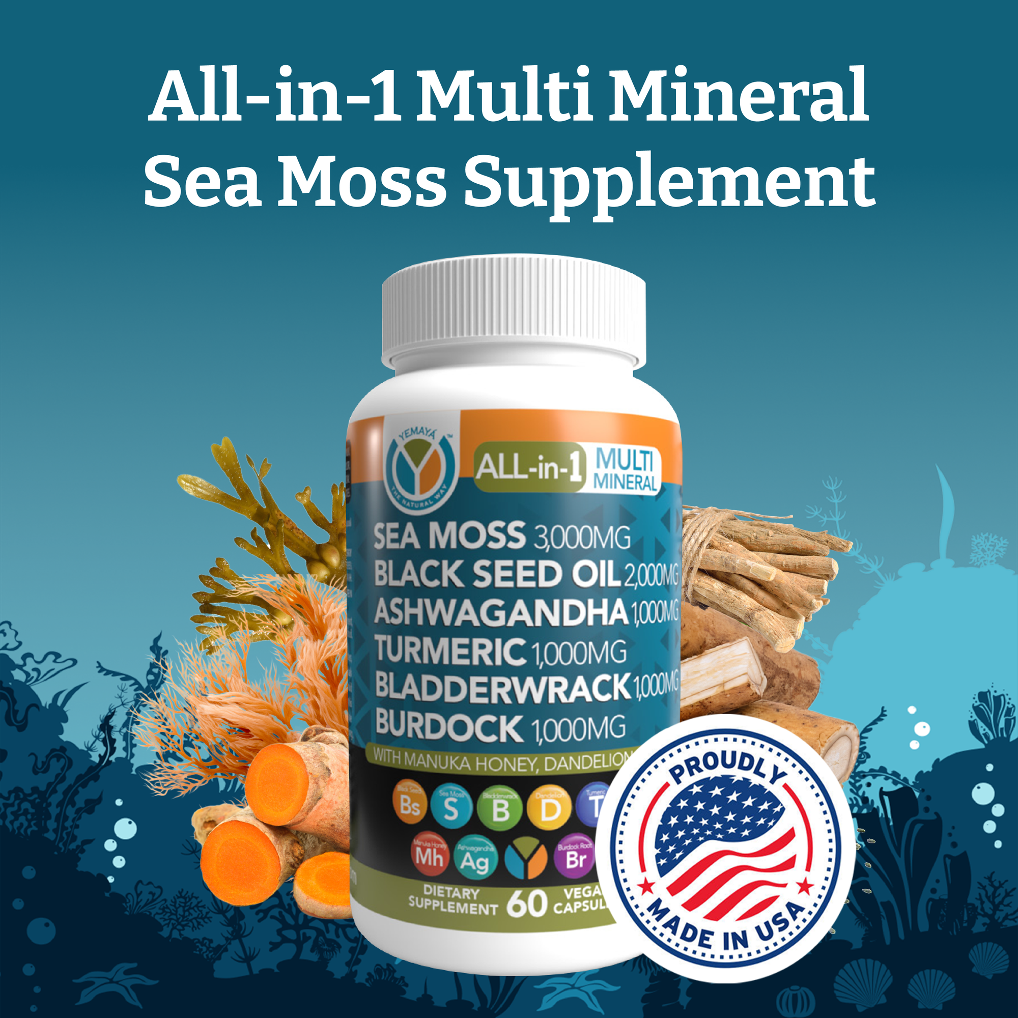 All-in-1 Multi Mineral Sea Moss Supplement bottle with ingredients and 'Made in USA' badge on a blue background