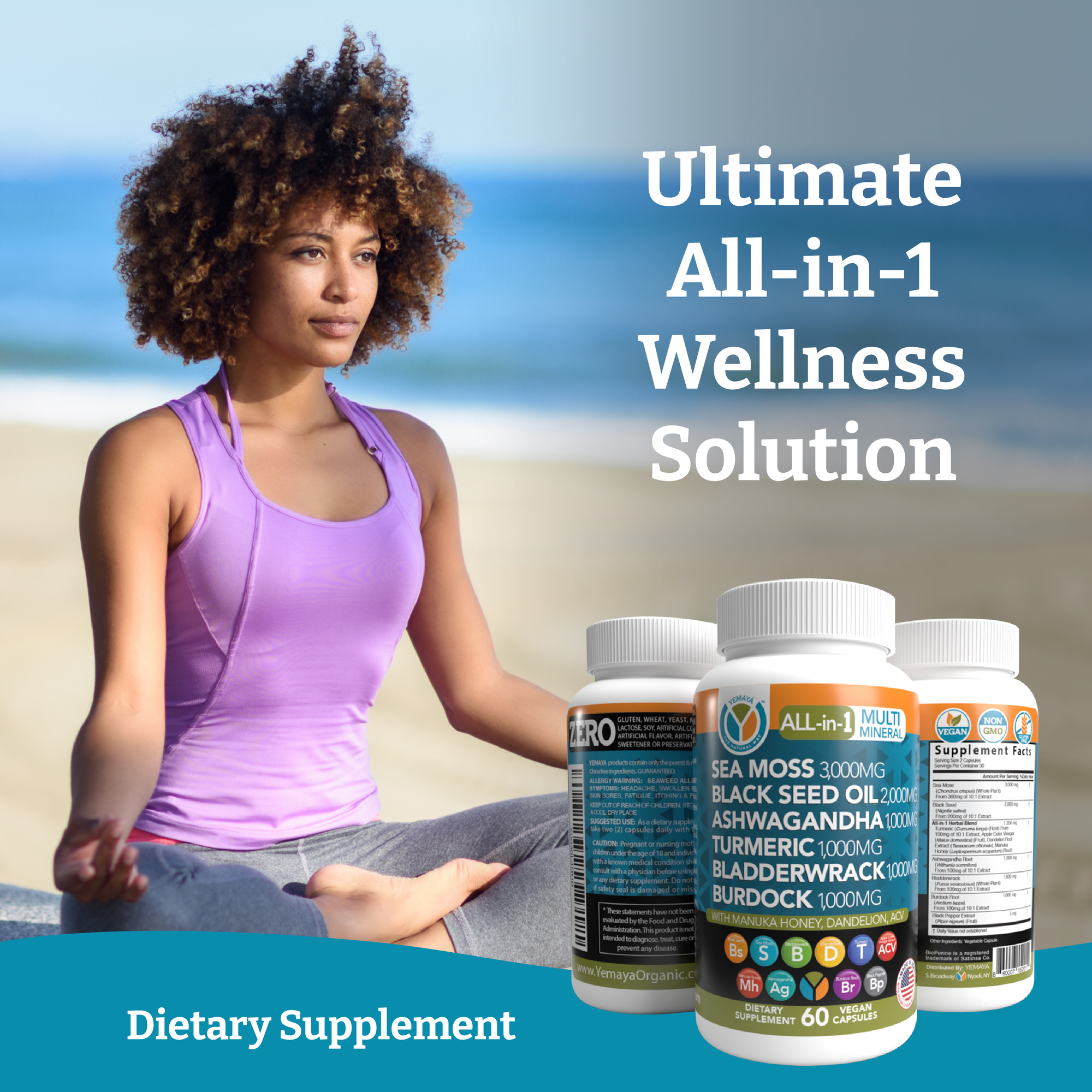 Woman sitting on a beach with dietary supplement bottles labeled 'Ultimate All-in-1 Wellness Solution'.
