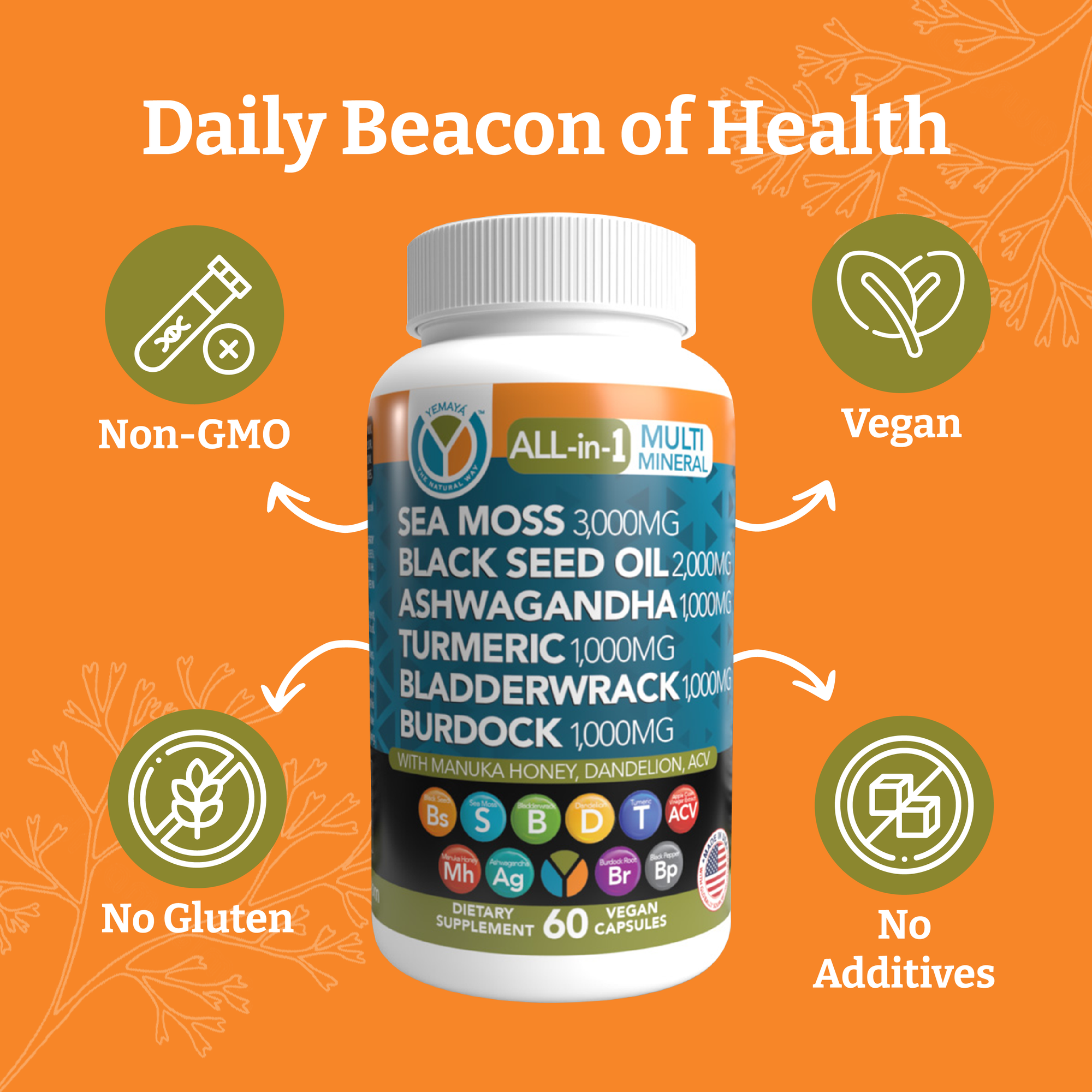 Supplement bottle with health benefits on an orange background