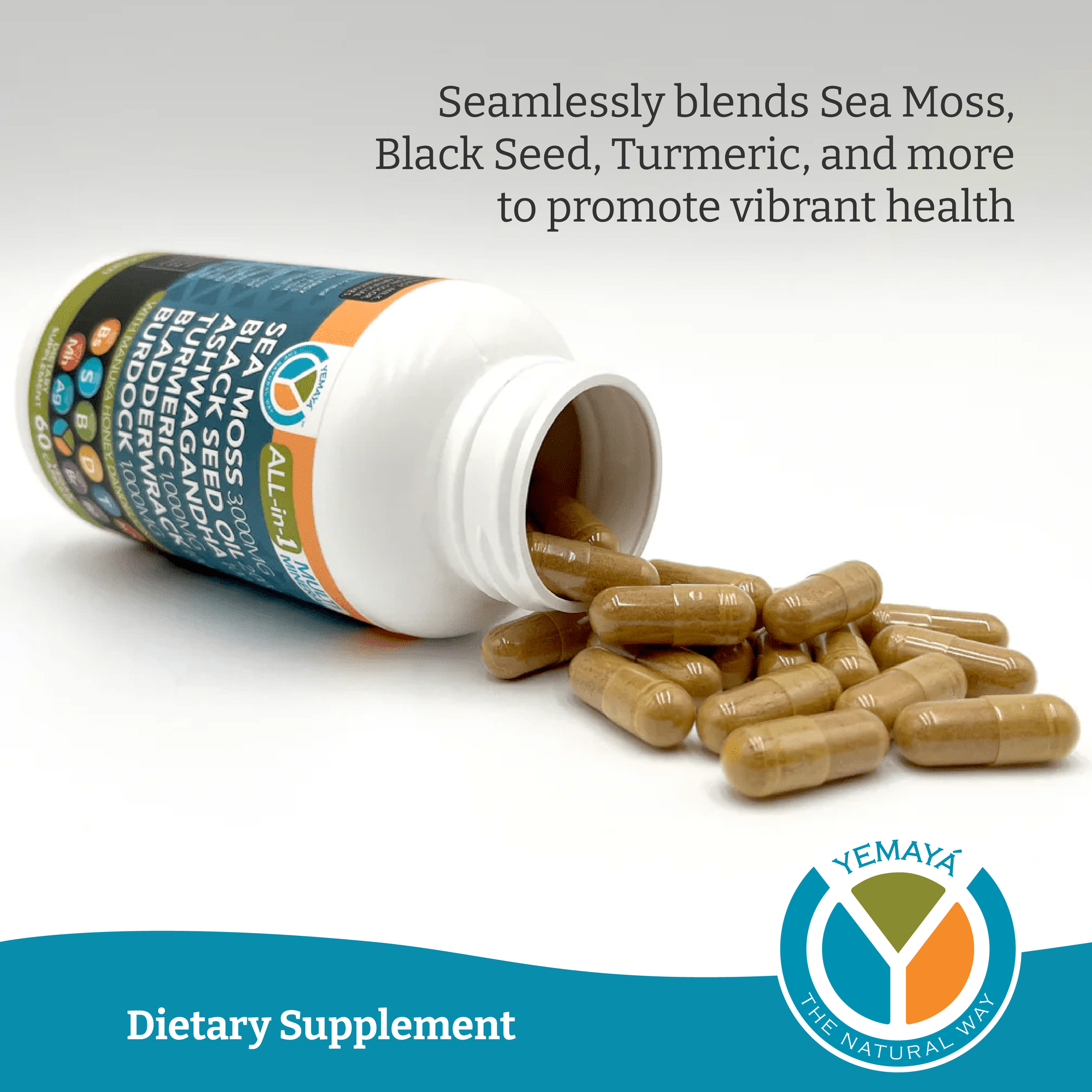 Supplement bottle with capsules spilling out, featuring Yemaya logo and text about health benefits.