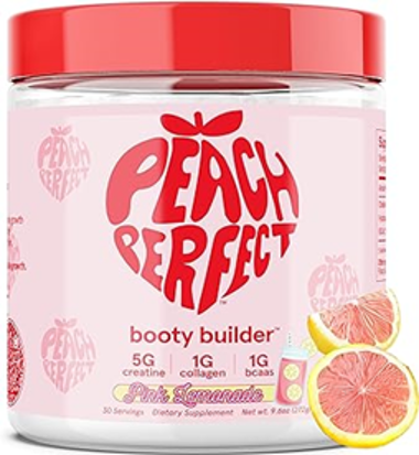 Peach Perfect Booty Builder supplement jar with pink lemonade flavor on a white background