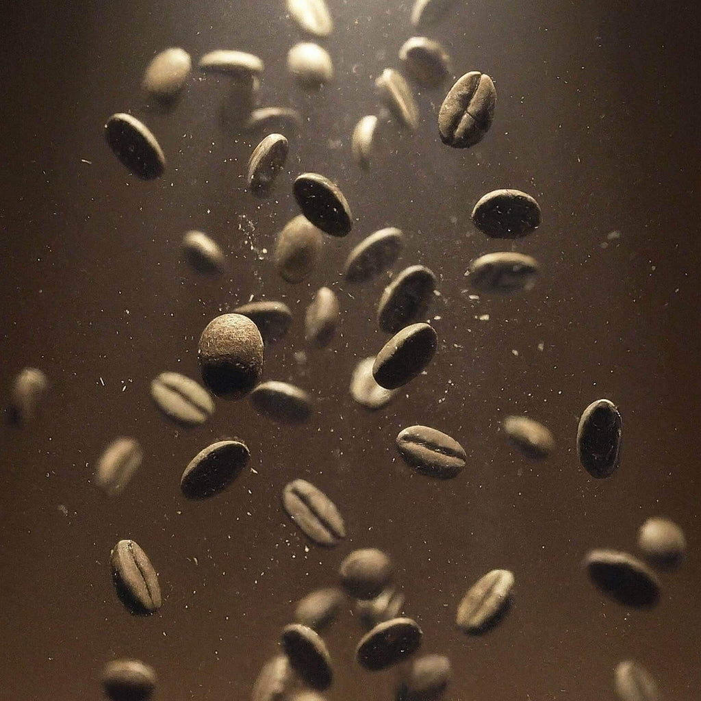 Coffee beans falling against a dark background