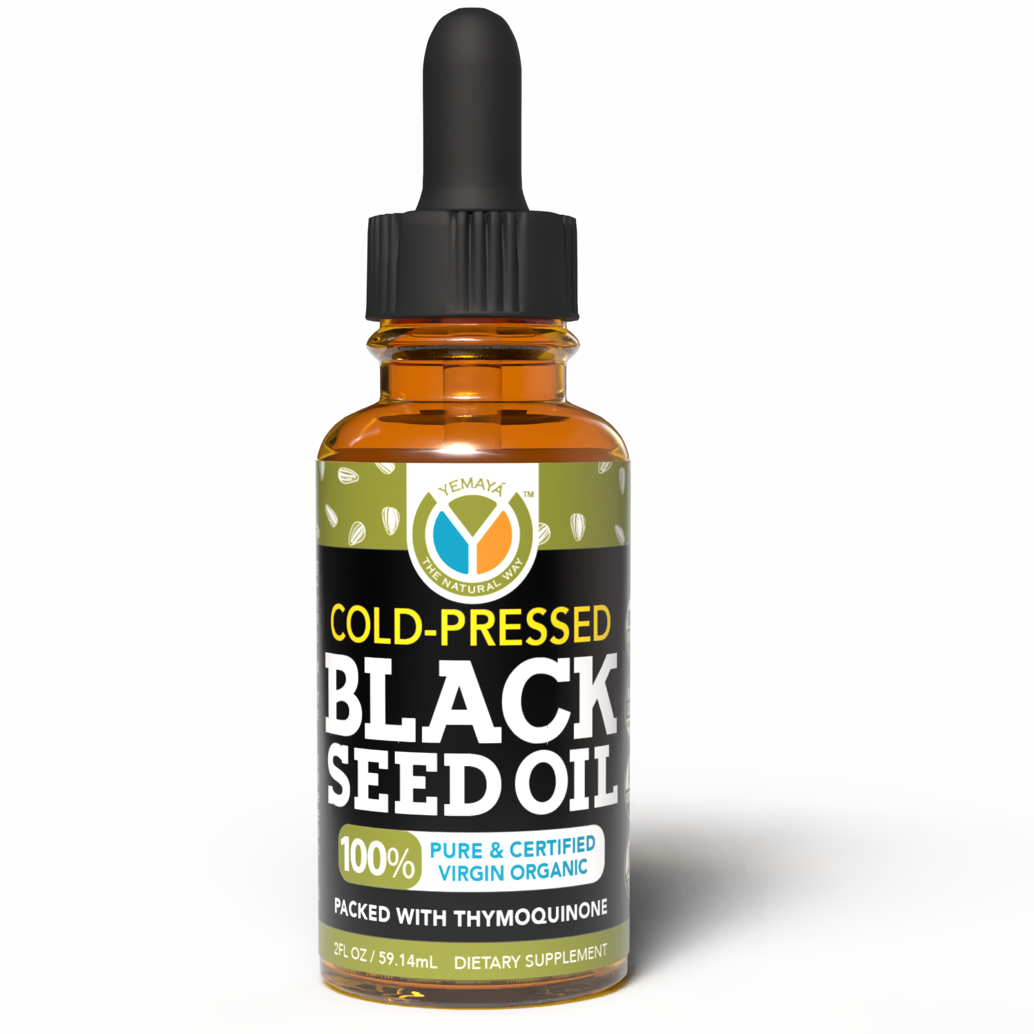 Bottle of cold-pressed black seed oil with a dropper on a white background