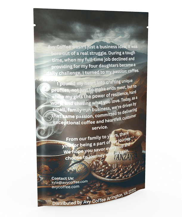 Avy Coffee packaging with text and coffee beans design on a white background