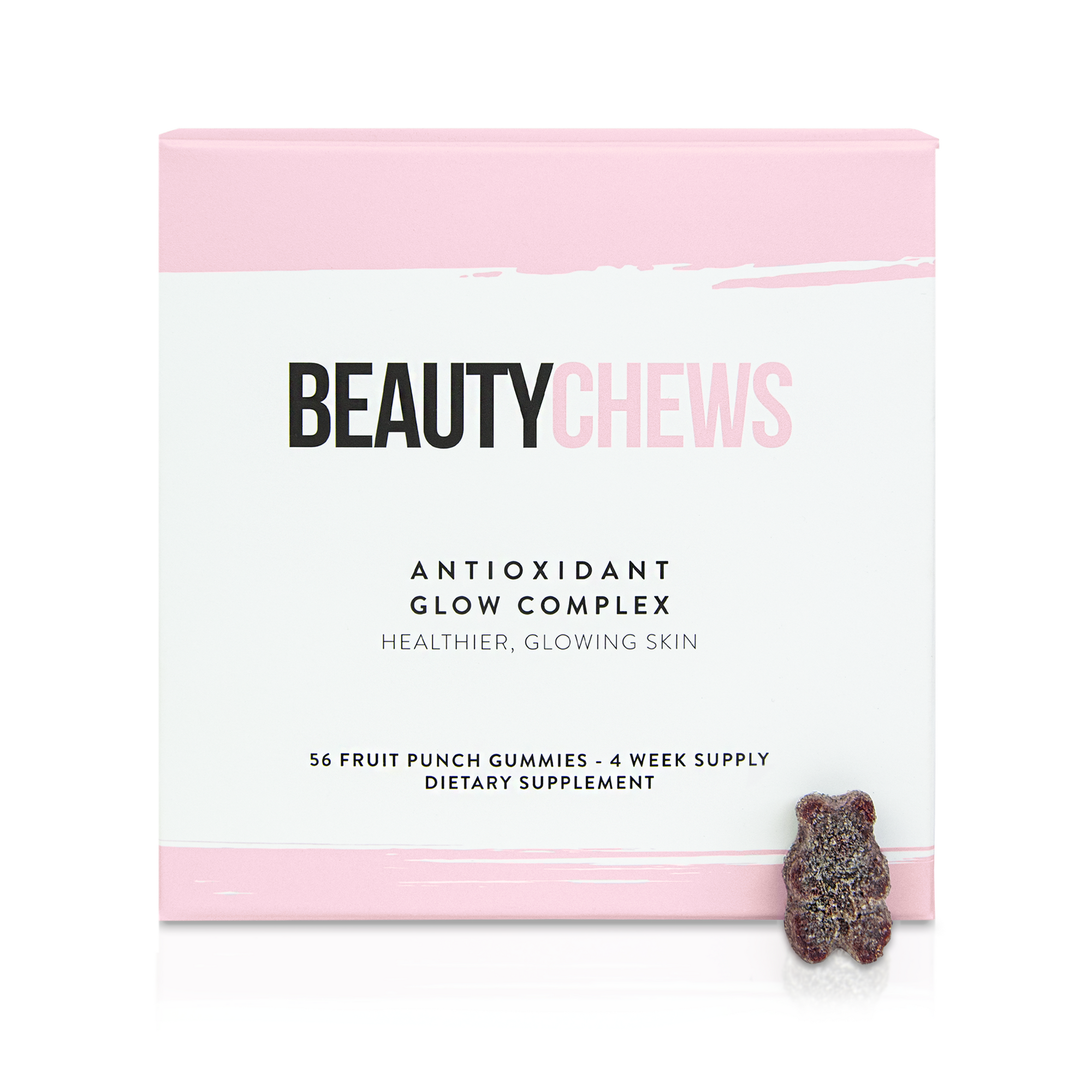 Beauty Chews Antioxidant Glow Complex packaging with a gummy bear on a white background