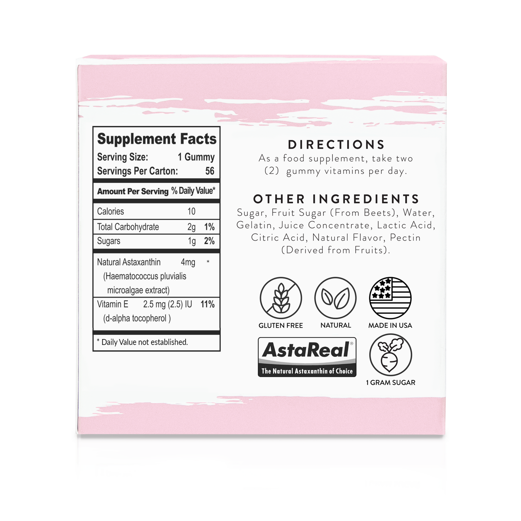 Supplement package with pink border and white background displaying ingredient list and branding.