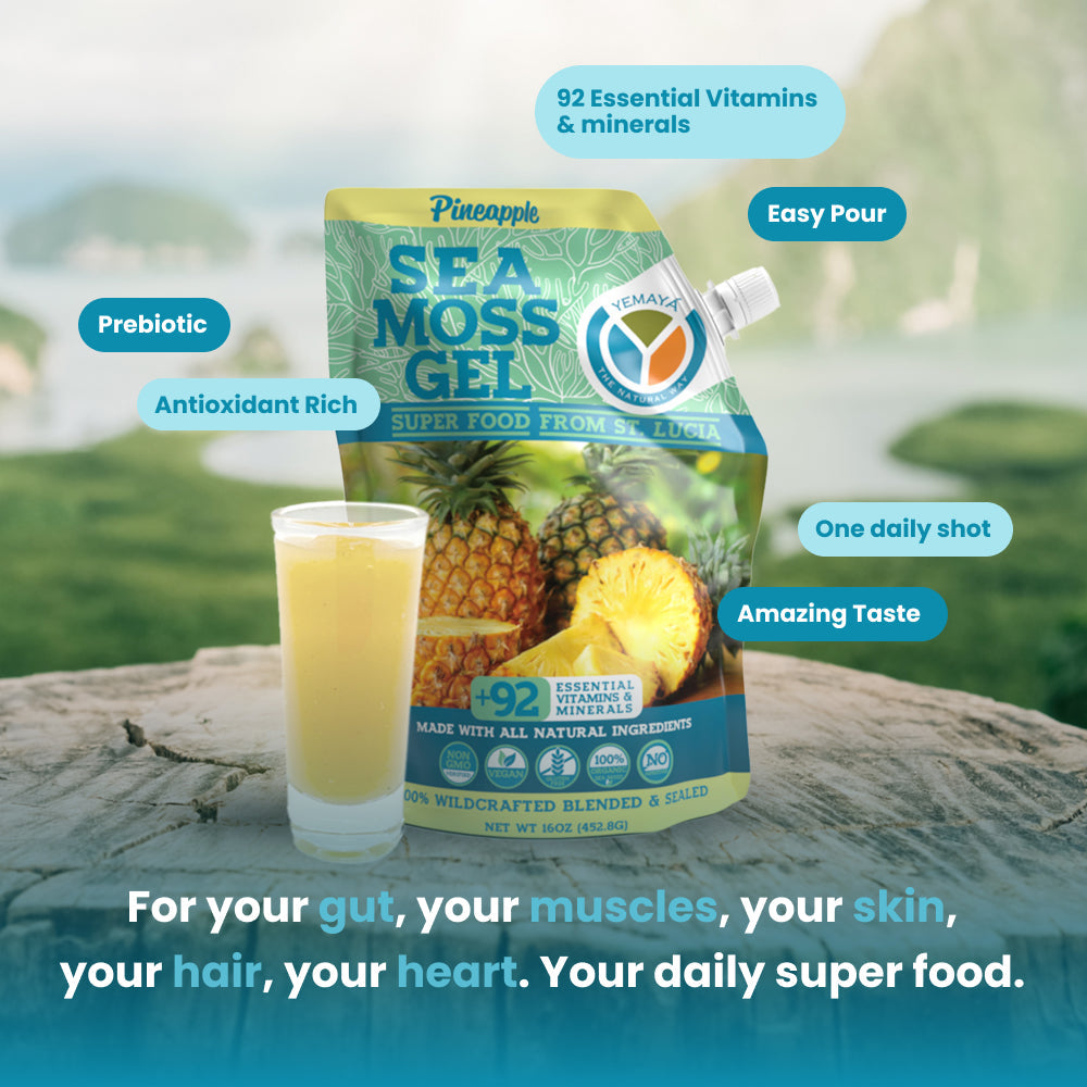 Sea moss gel package with pineapple flavor and a glass of juice on a natural background