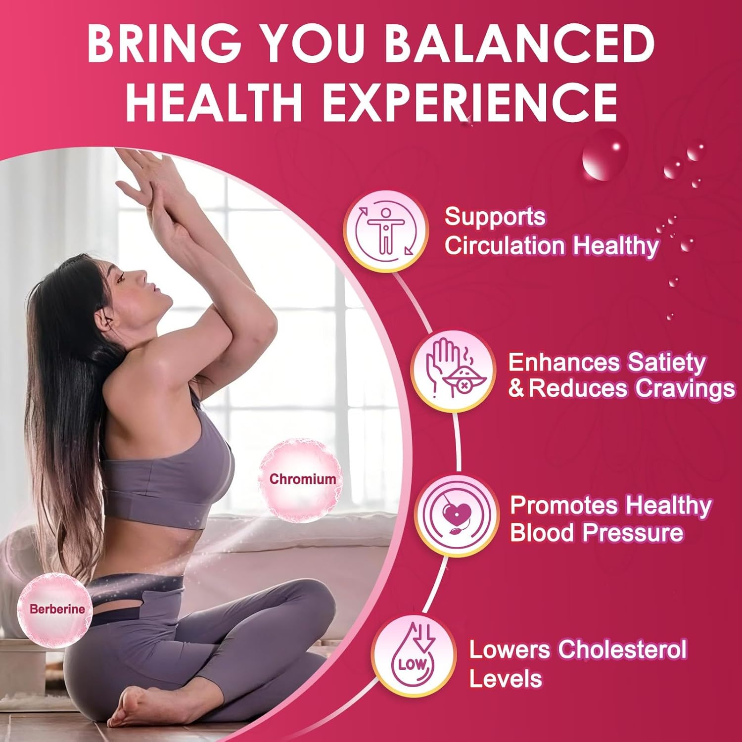 Woman practicing yoga with health benefits text on a pink background