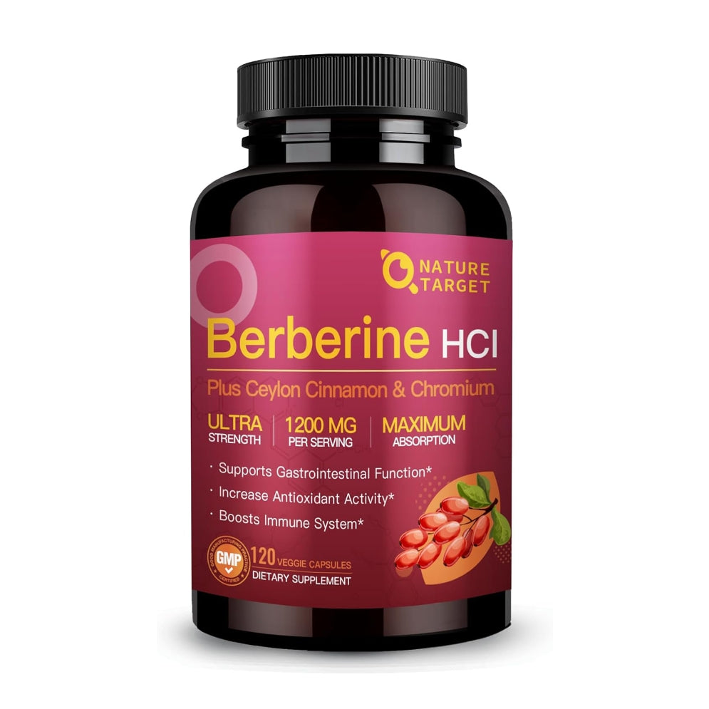 Supplement bottle labeled 'Berberine HCI' by Nature Target on a white background