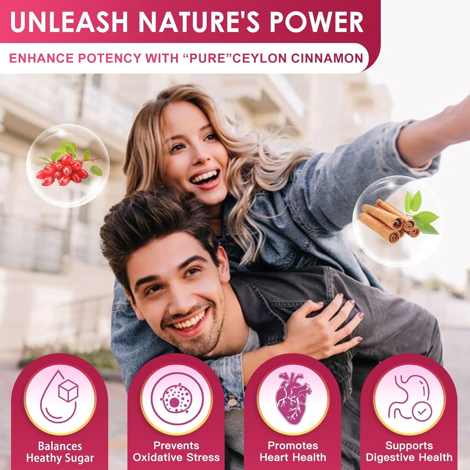 Promotional graphic for 'Pure Ceylon Cinnamon' with a couple and health benefits icons.