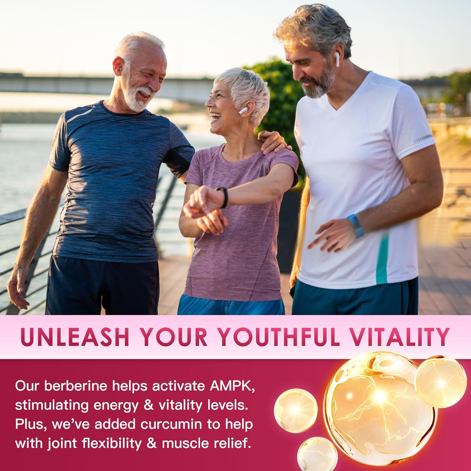 Three people walking together with promotional text about berberine and curcumin for energy and vitality.