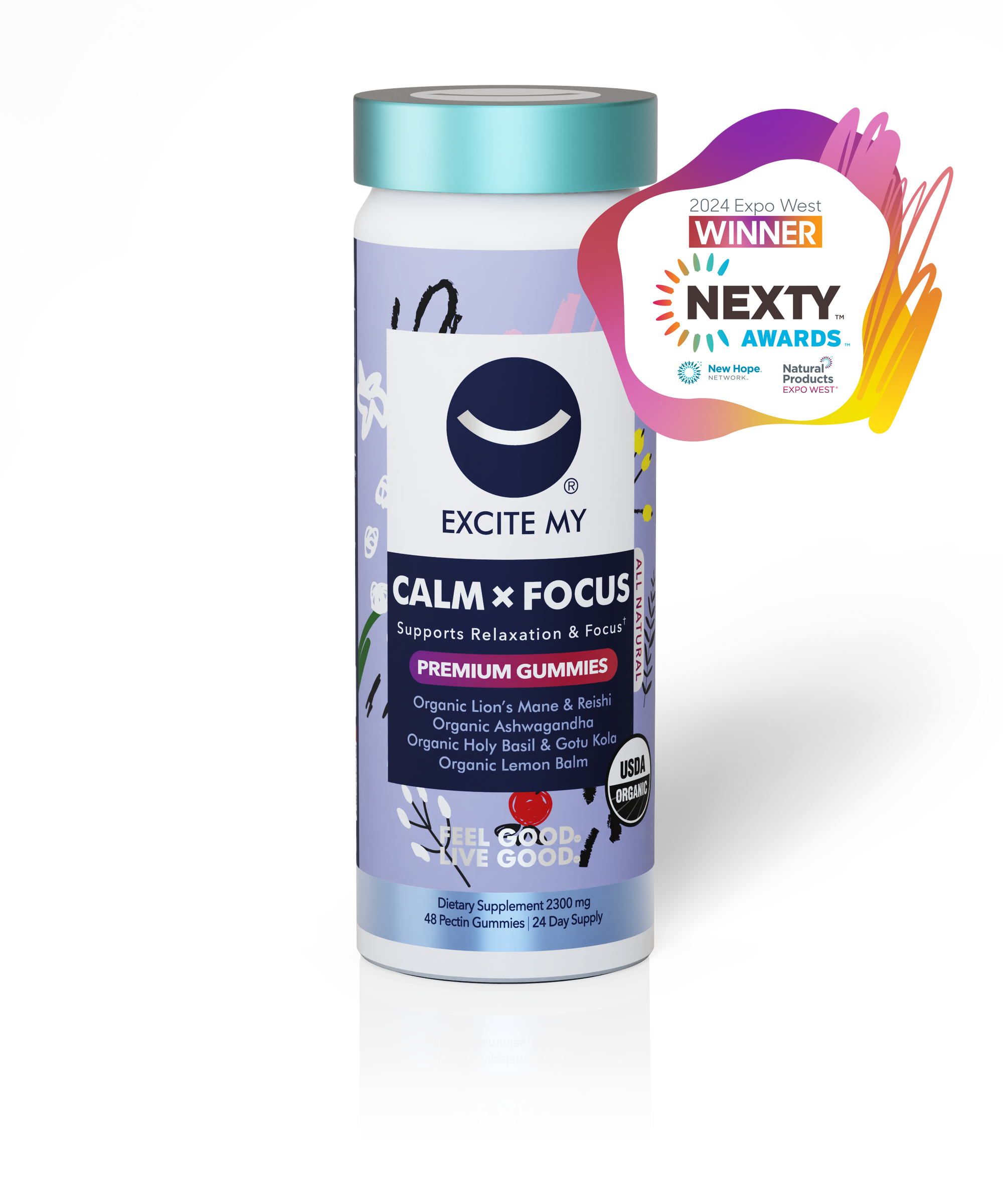 Excite My Calm x Focus gummies bottle with a 'Winner Nexty Awards' badge on a white background