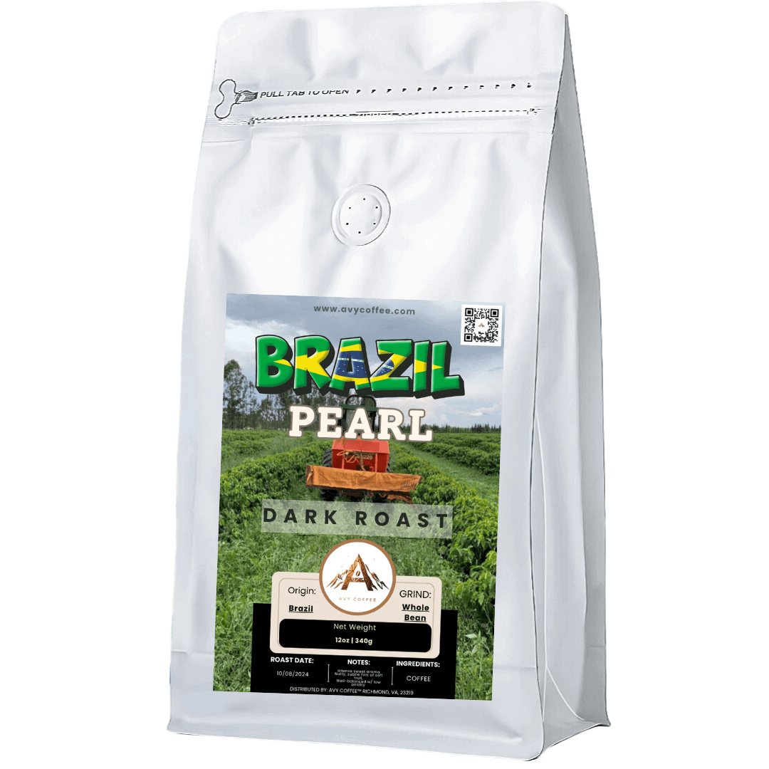 White coffee bag with 'Brazil Pearl' dark roast label on a white background