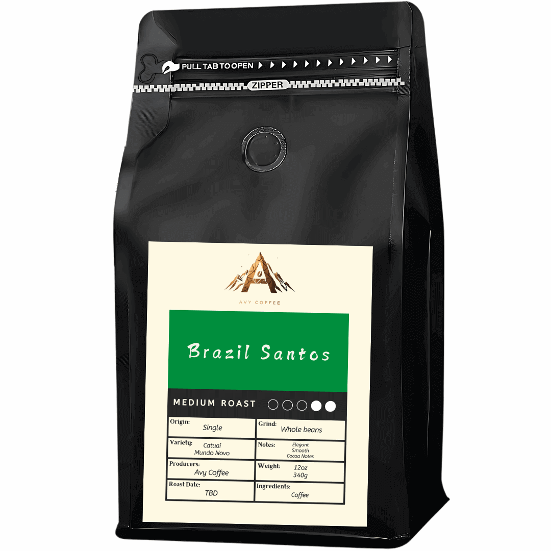 Black coffee bag with 'Brazil Santos' label on a white background