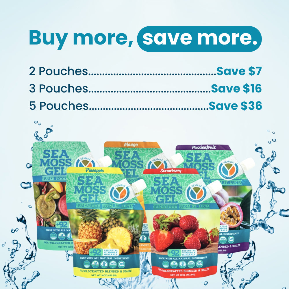 Promotional graphic for Sea Moss Gel packages with savings on bulk purchases.