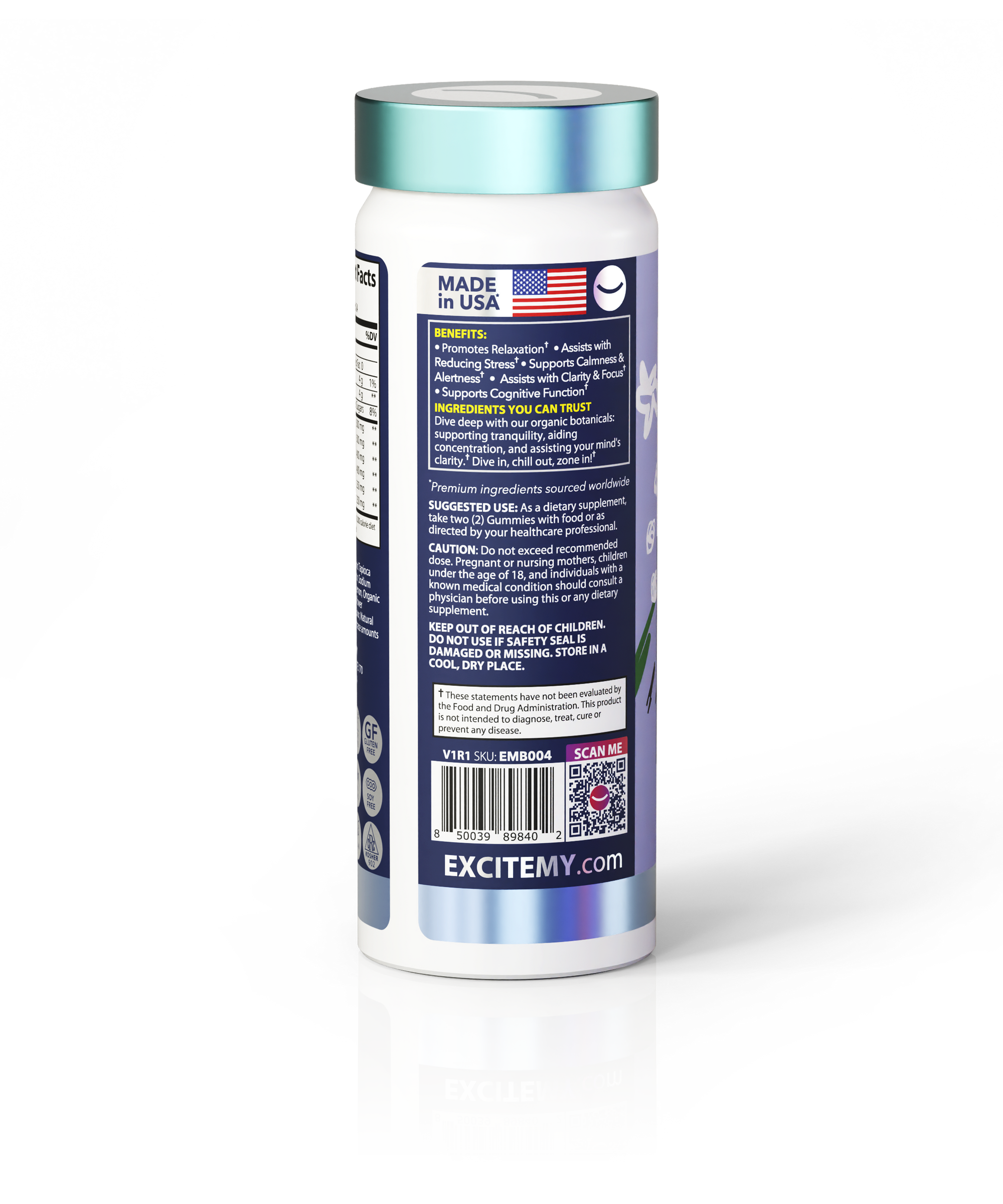 Vitamin supplement bottle with blue label on a white background