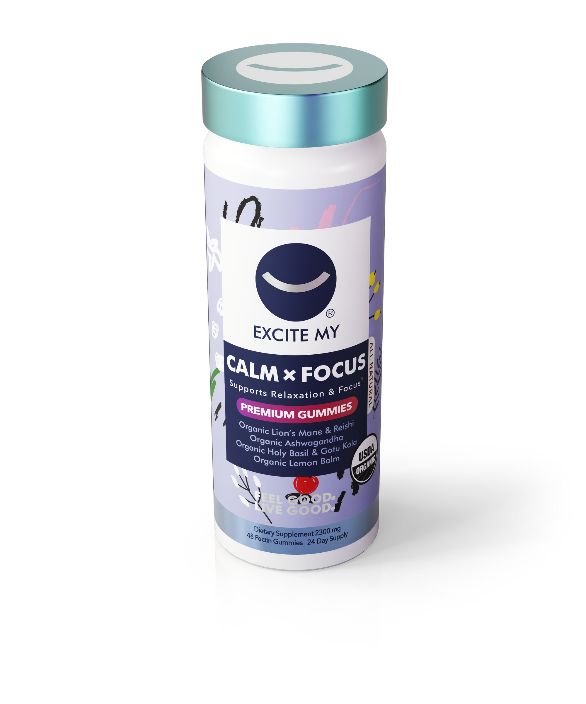 Container of 'Excite My Calm x Focus' premium gummies on a white background