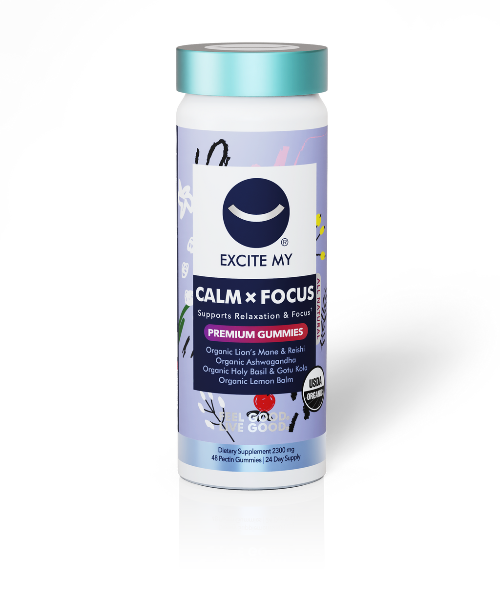 Supplement bottle labeled 'Excite My Calm x Focus' on a white background