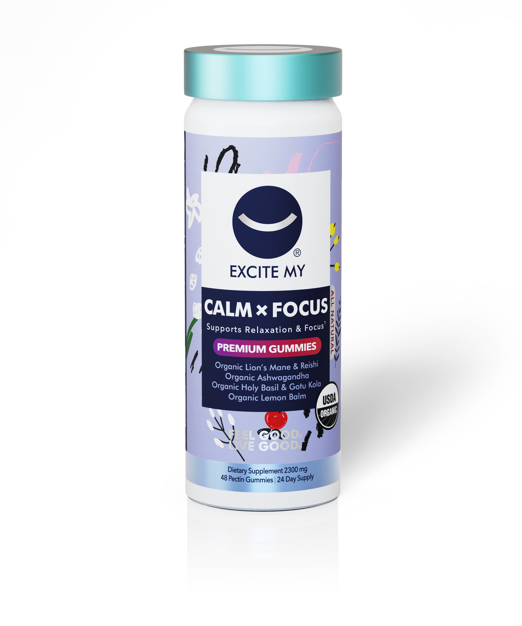 Supplement bottle labeled 'Excite My Calm x Focus' on a white background