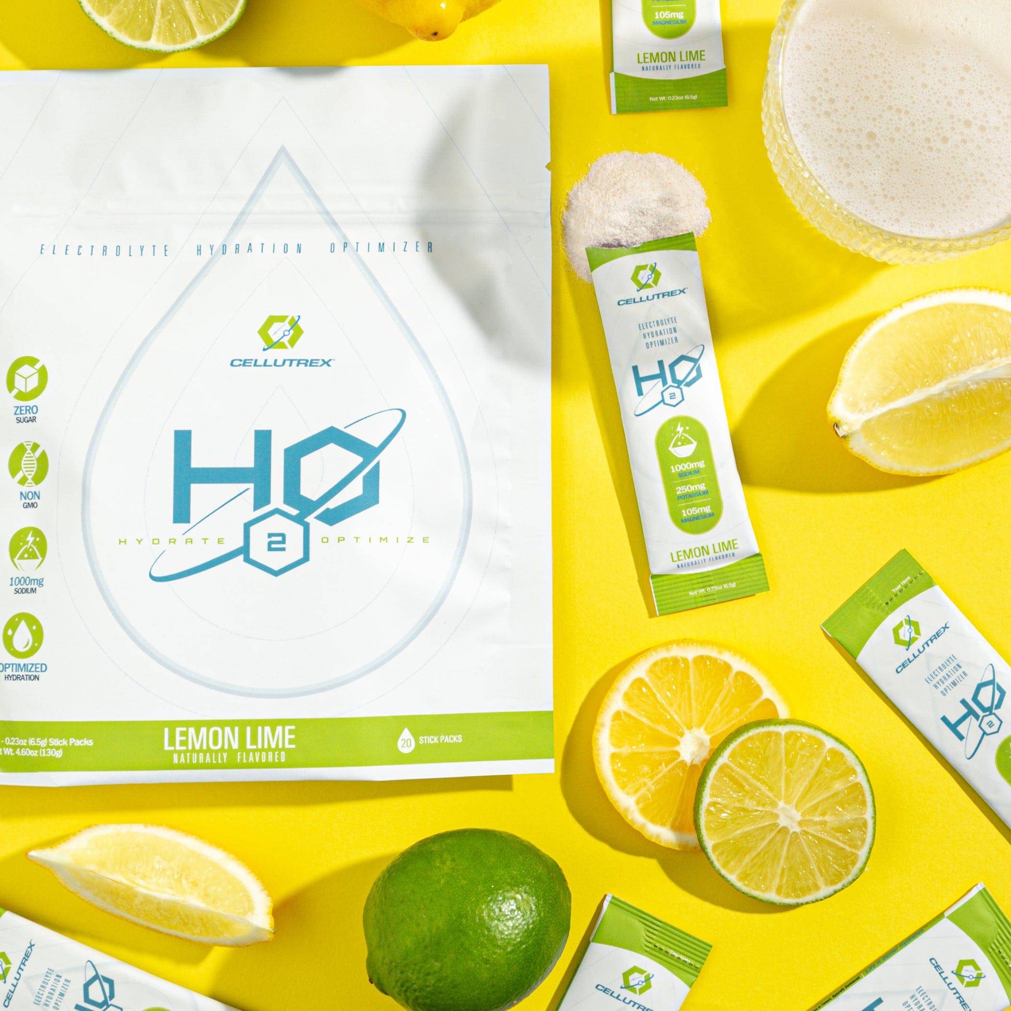 HO2 Optimized lemon lime supplement packaging with lemons and limes on a yellow background