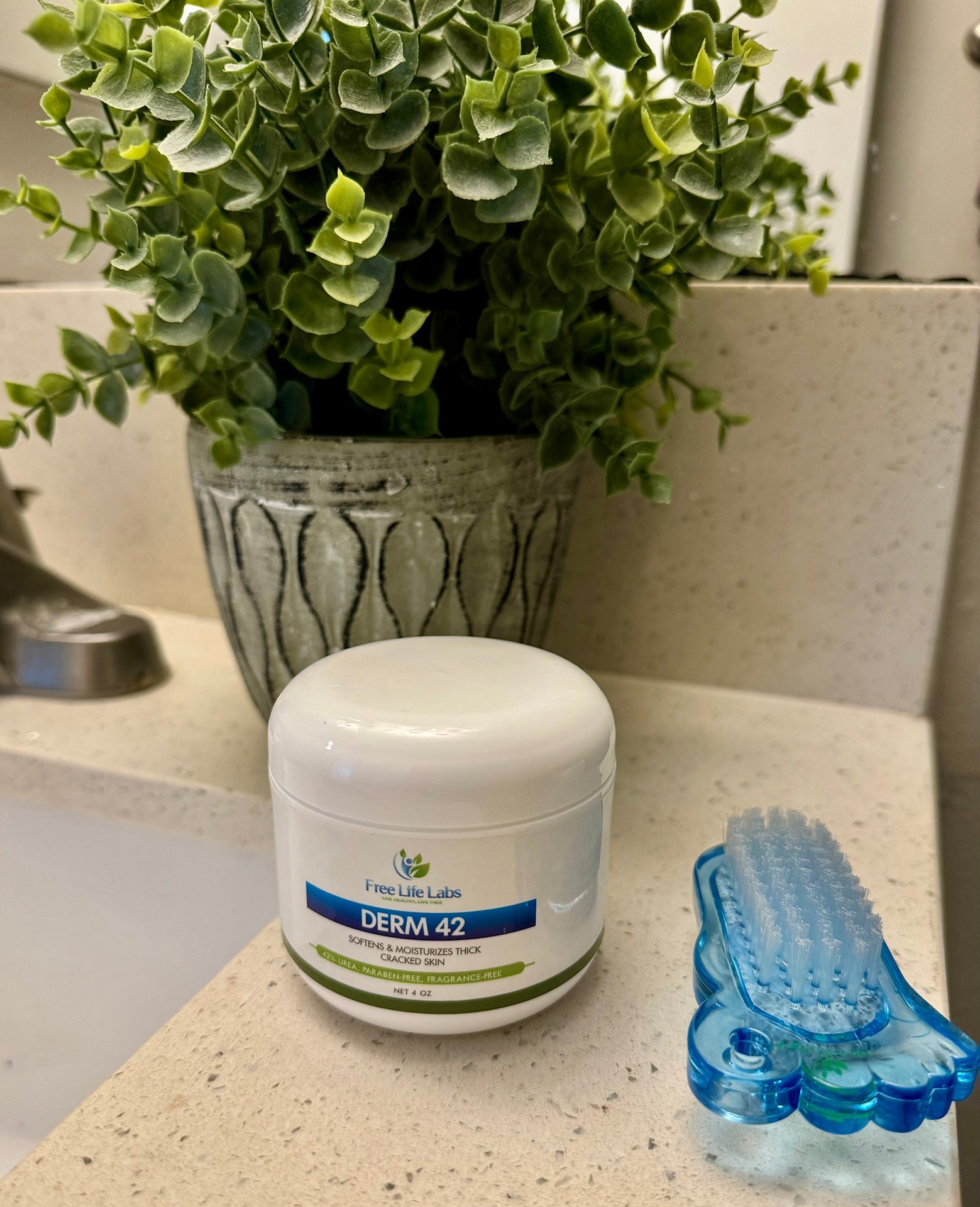 Jar labeled 'Derm 42' on a bathroom counter with a plant and brush in the background