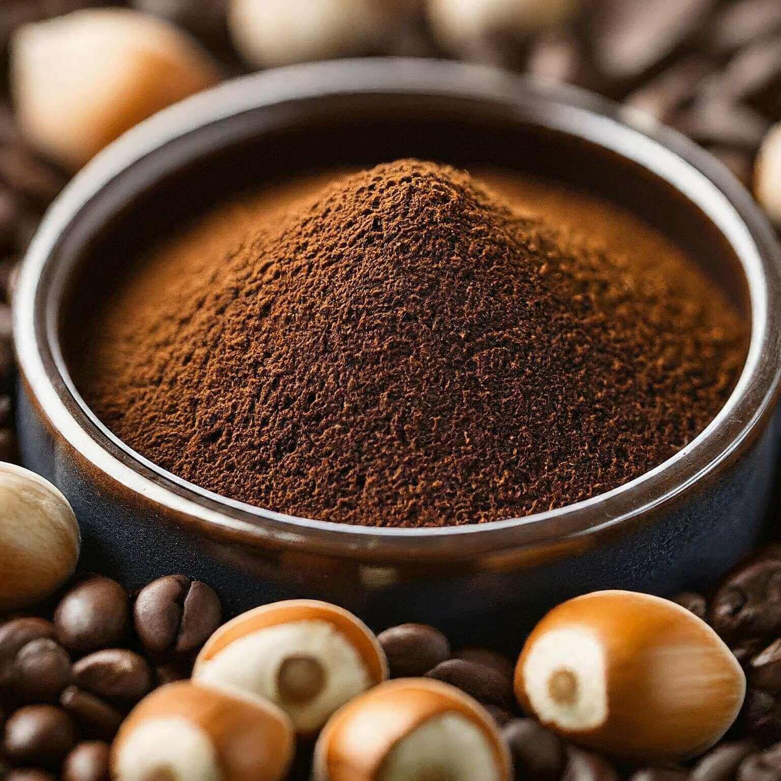 Close-up of coffee grounds in a bowl with coffee beans and nuts around it.